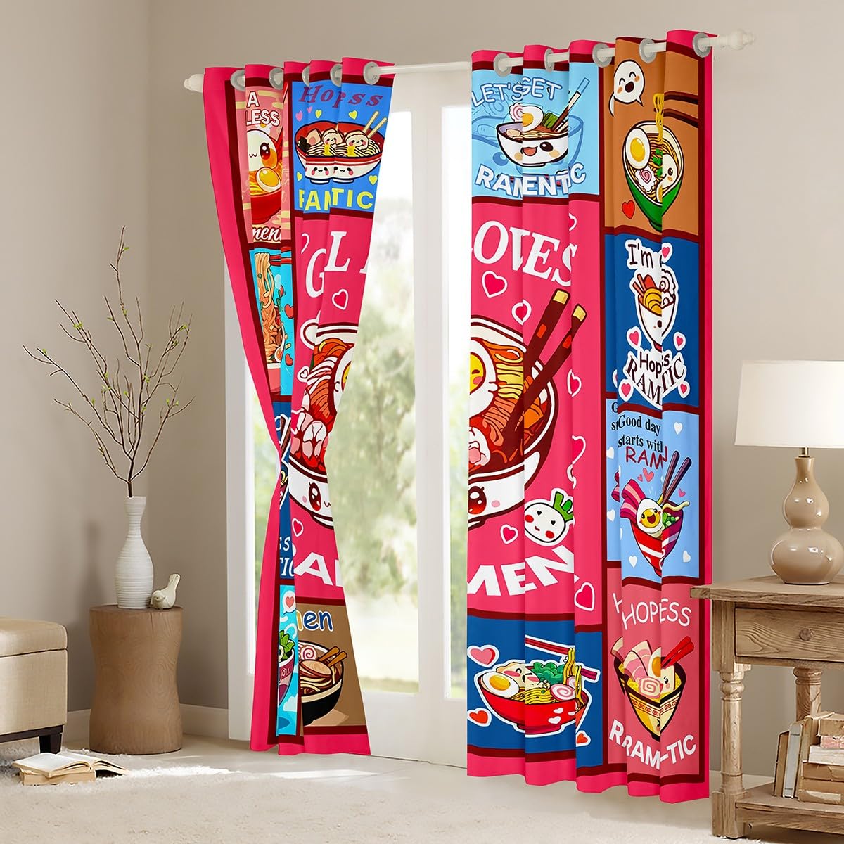 Loussiesd Ramen Vorhänge 245x140cm Kinder Jungen Mädchen Ramen Suppe Gardinen Geschenk für Mädchen liebt Nudeln Blickdichte Vorhänge Mädchen liebt Ramen Fenstervorhang Zimmer Dekor
