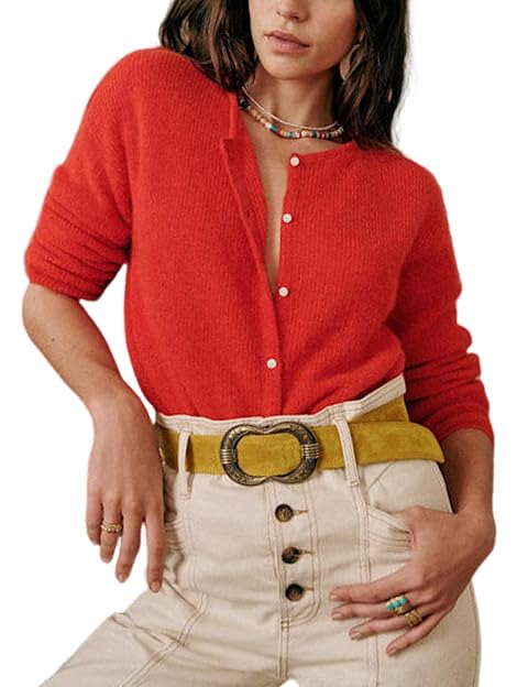 Lviefent Women Knit Cardigans Lightweight Casual Crew Neck Button Down Long Sleeve Sweater Jumper Layer Top