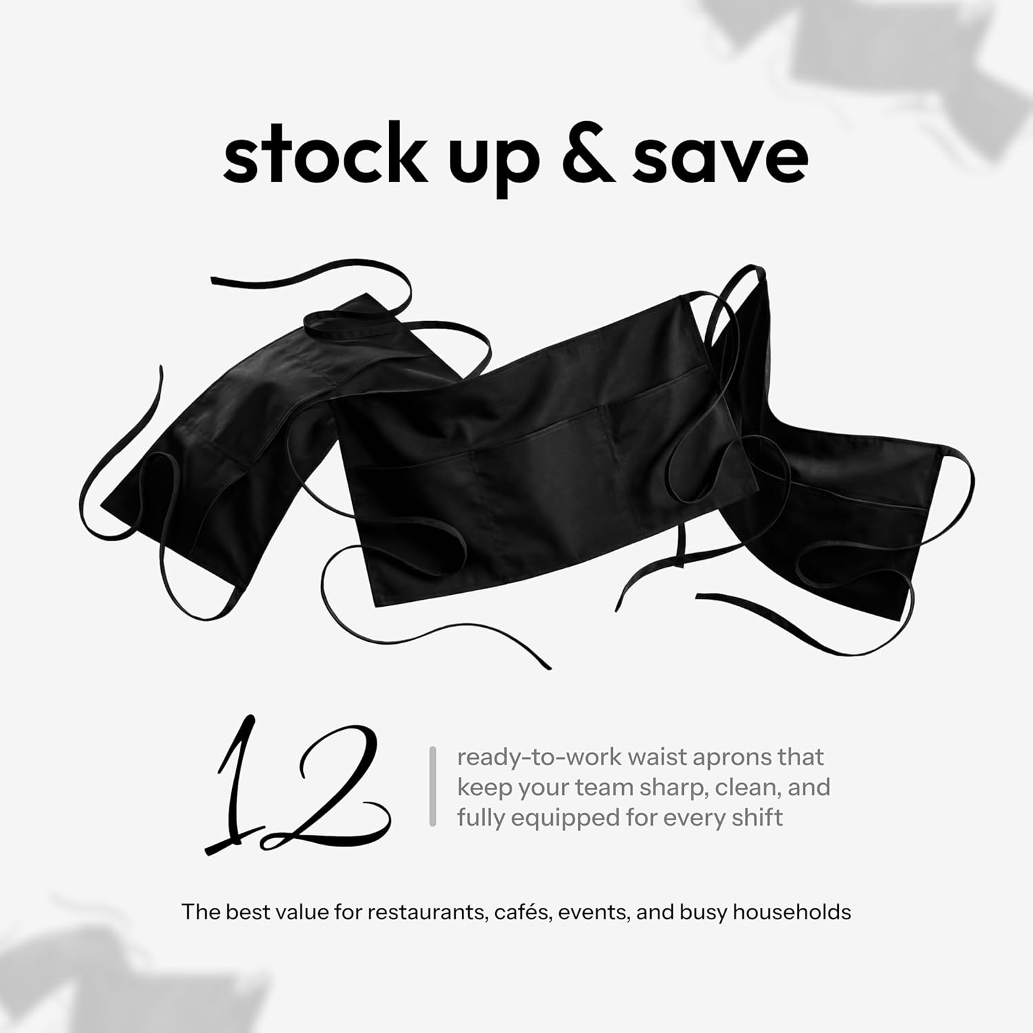 White Classic 12 Pack - Black Server Waist Aprons with 3 Pockets, Waitress Half Apron - Image 7