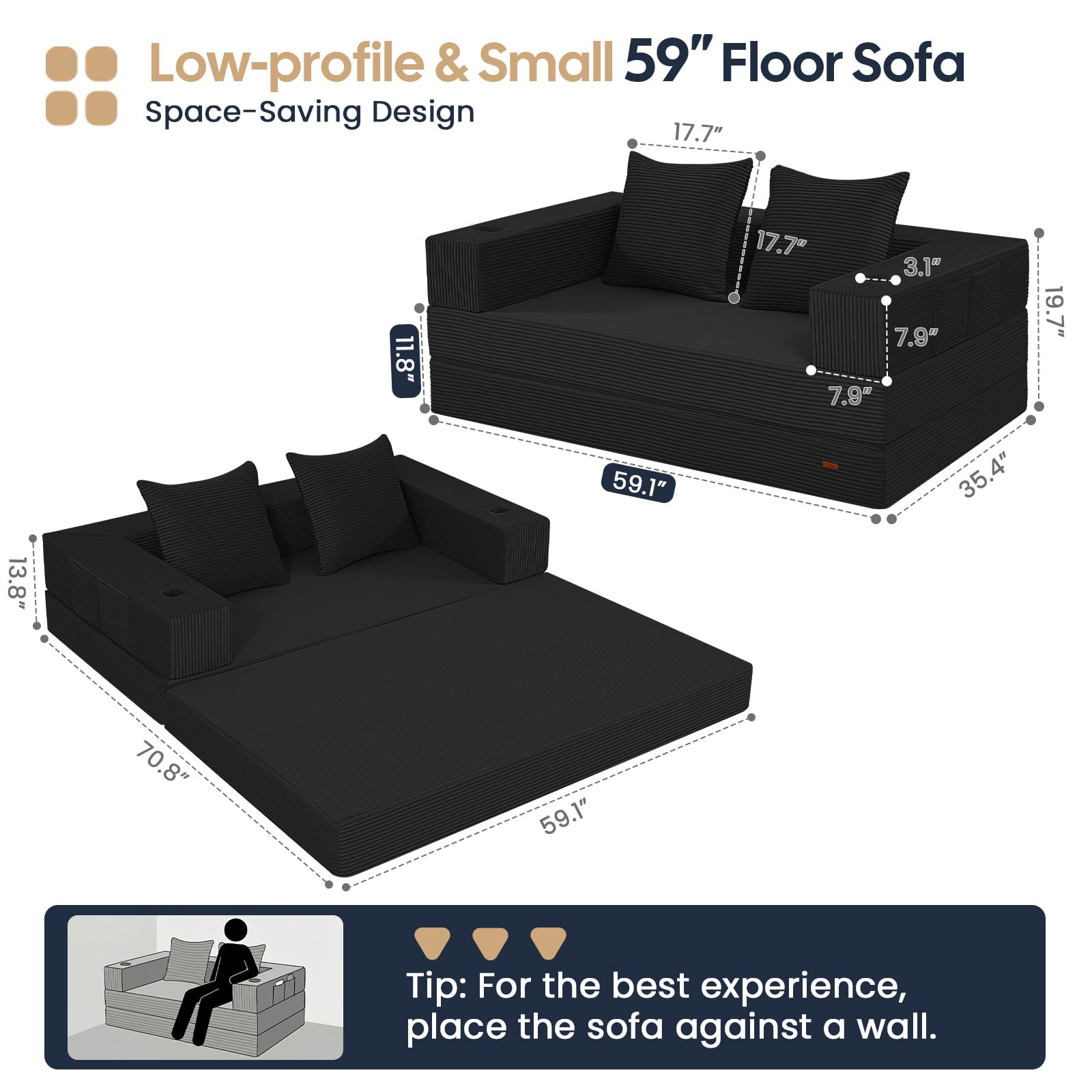 COMAX Futon Sofa Bed, Convertible Sofa Bed, Folding Boneless Couches | Low-Profile Boneless Couch for Living Room, 11.8" H Low Seat Small 59" Foldable Floor Sleeper Mattress Lounge Space‑Saving