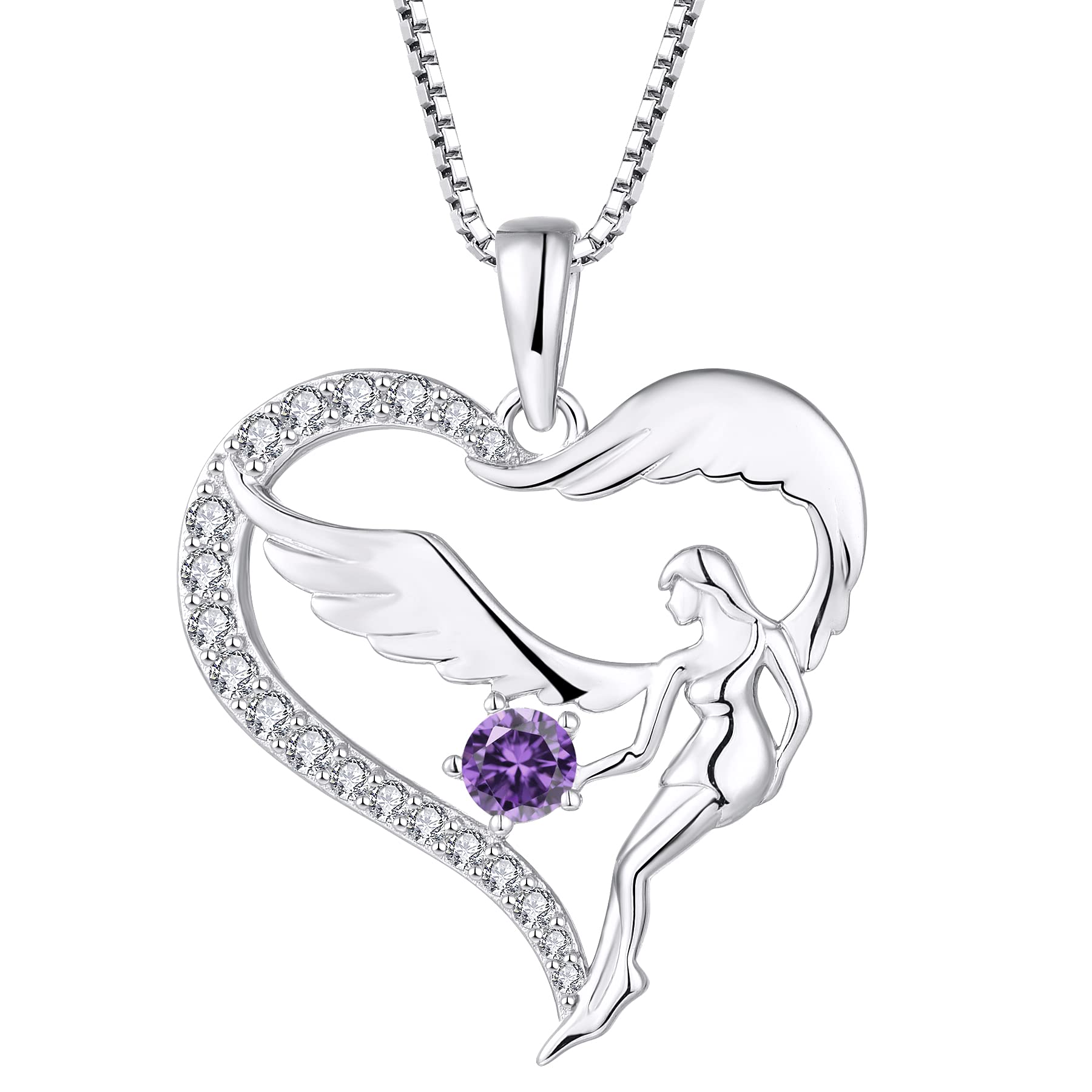 FJ Herz Schutzengel Halskette Damen 925 Sterling Silber Engelsflügel Kette Anhänger Geburtsstein Zirkonia Halskette Schmuck Geschenke für Frauen Mädchen