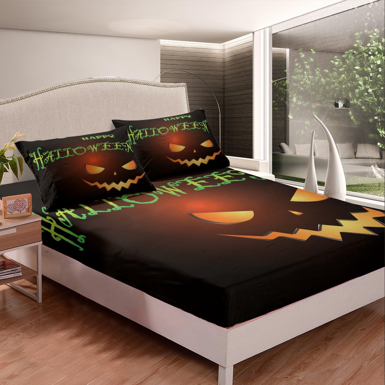 Set di lenzuola per Halloween, per ragazze, ragazzi, bambini, per letto singolo, con lanterna a zucca, con tasca profonda, lenzuolo con angoli decorativi per la stanza, set di biancheria da letto per