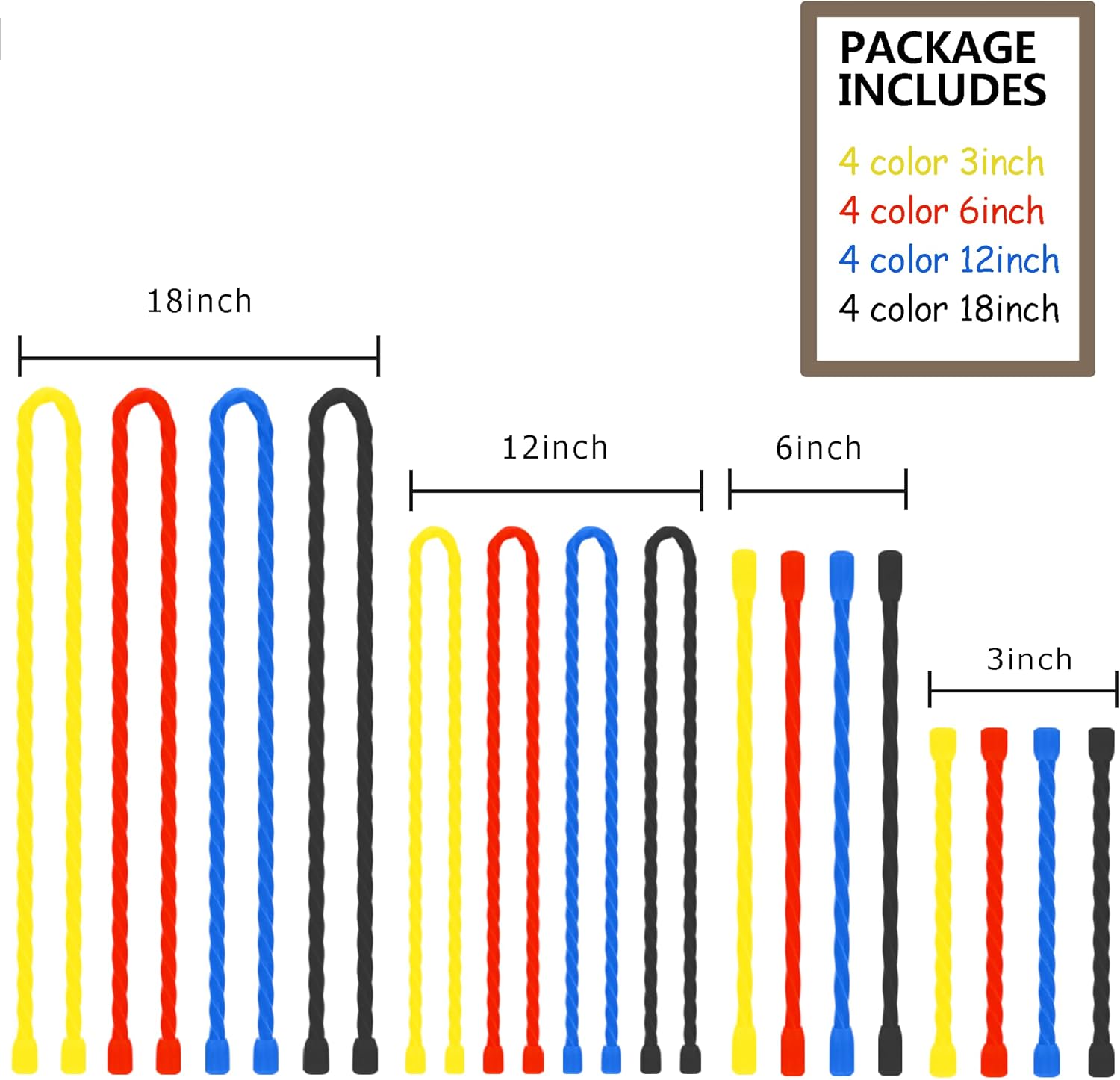 16Pcs 3 6 12 18inchs Silicone Cable Ties Reusable Steel-Core Silicone Twist Cable Tie Straps for Bundling and Organizing, All Purpose Bendable Holder Strap for Indoor and Out, 4 Colors