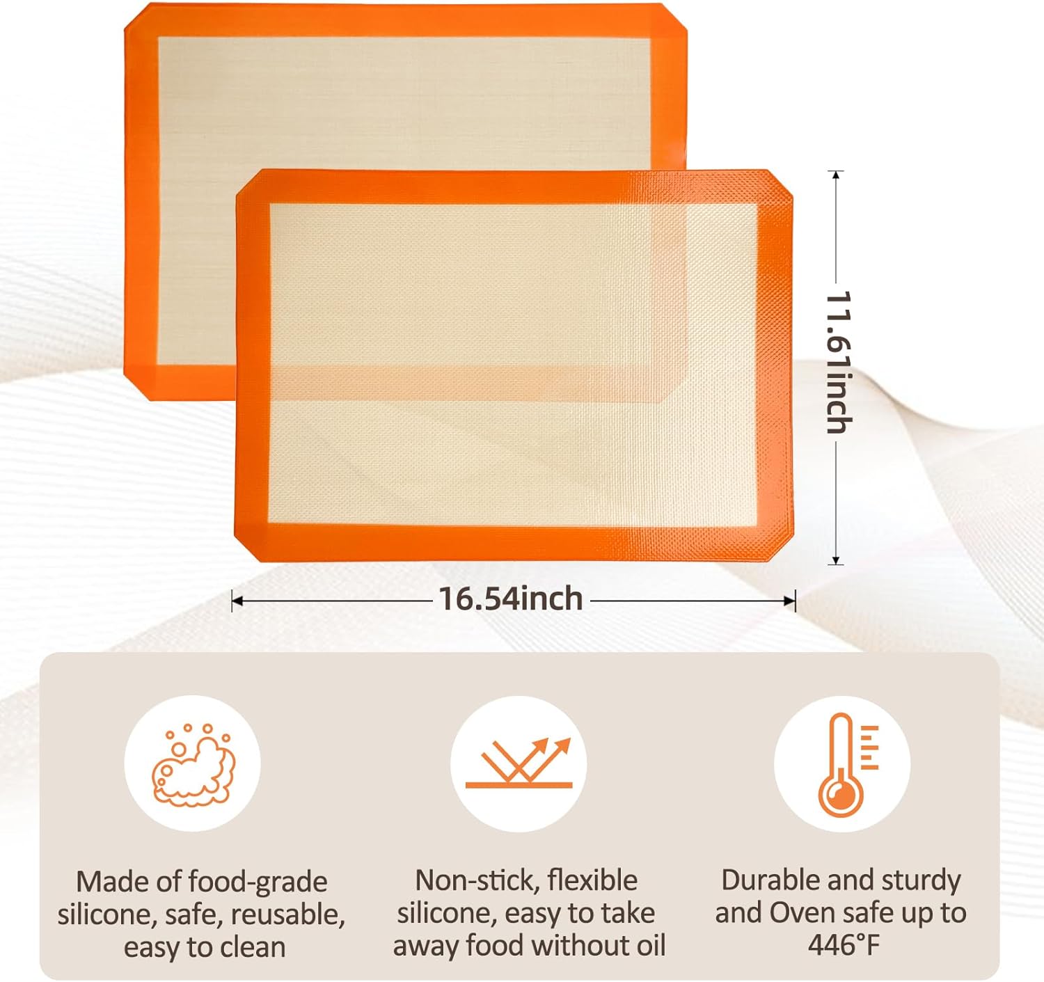 Silicone Baking Mat, Set of 2 Baking Pads Cookit Sheet, Non-Stick Oven-Bake Cover Runner for Making Macaroons, Cookies, Easy Clean & Reusable, 16.5 inch by 11.7 inch, Beige/Oragne, 4mm Silicone Baking Mat, Set of 2 Baking Pads Cookit Sheet, Non-Stick Oven-Bake Cover Runner for Making Macaroons, Cookies, Easy Clean & Reusable, 16.5 inch by 11.7 inch, Beige/Oragne, 4mm