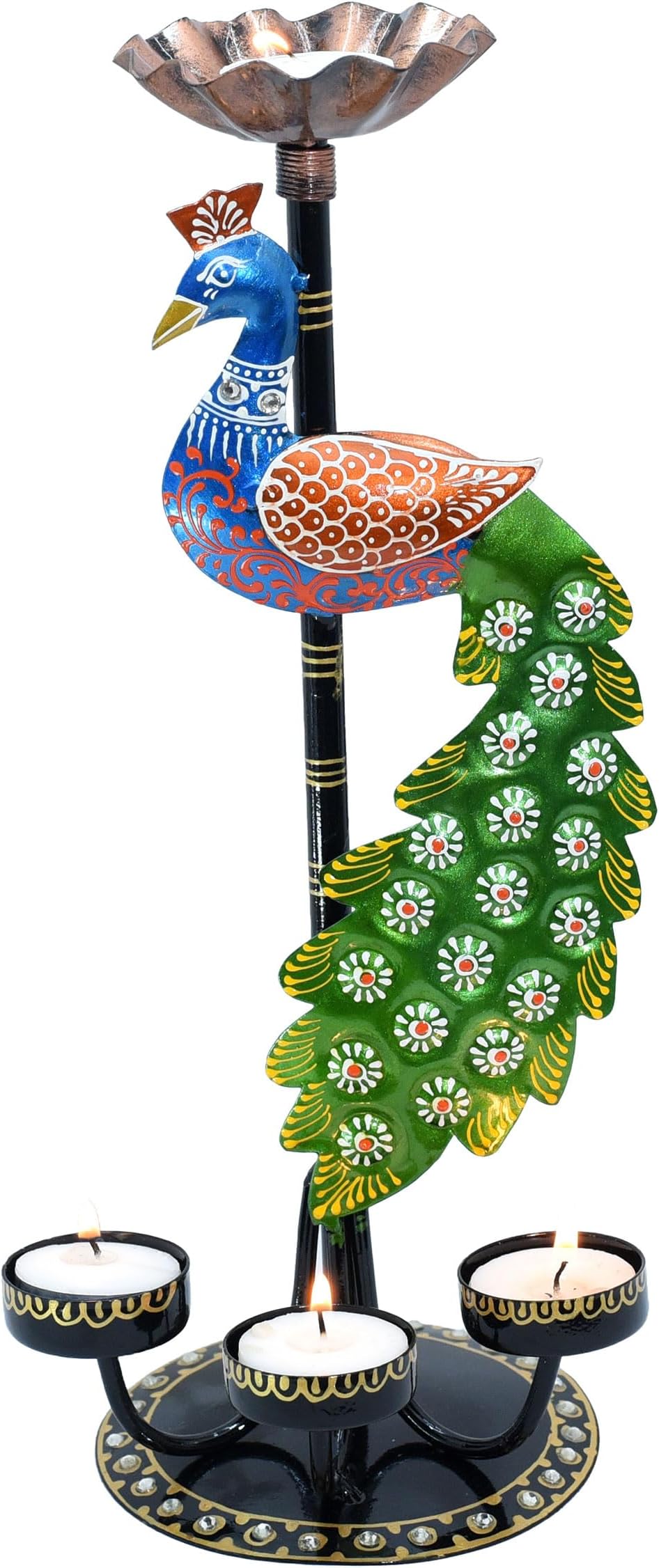 Tea Light Candle Holder Decorative Peacock Showpiece Metal Figurine 4 Candle Diya Burner Slots for Living Room, Diwali Gifts, Home Decor