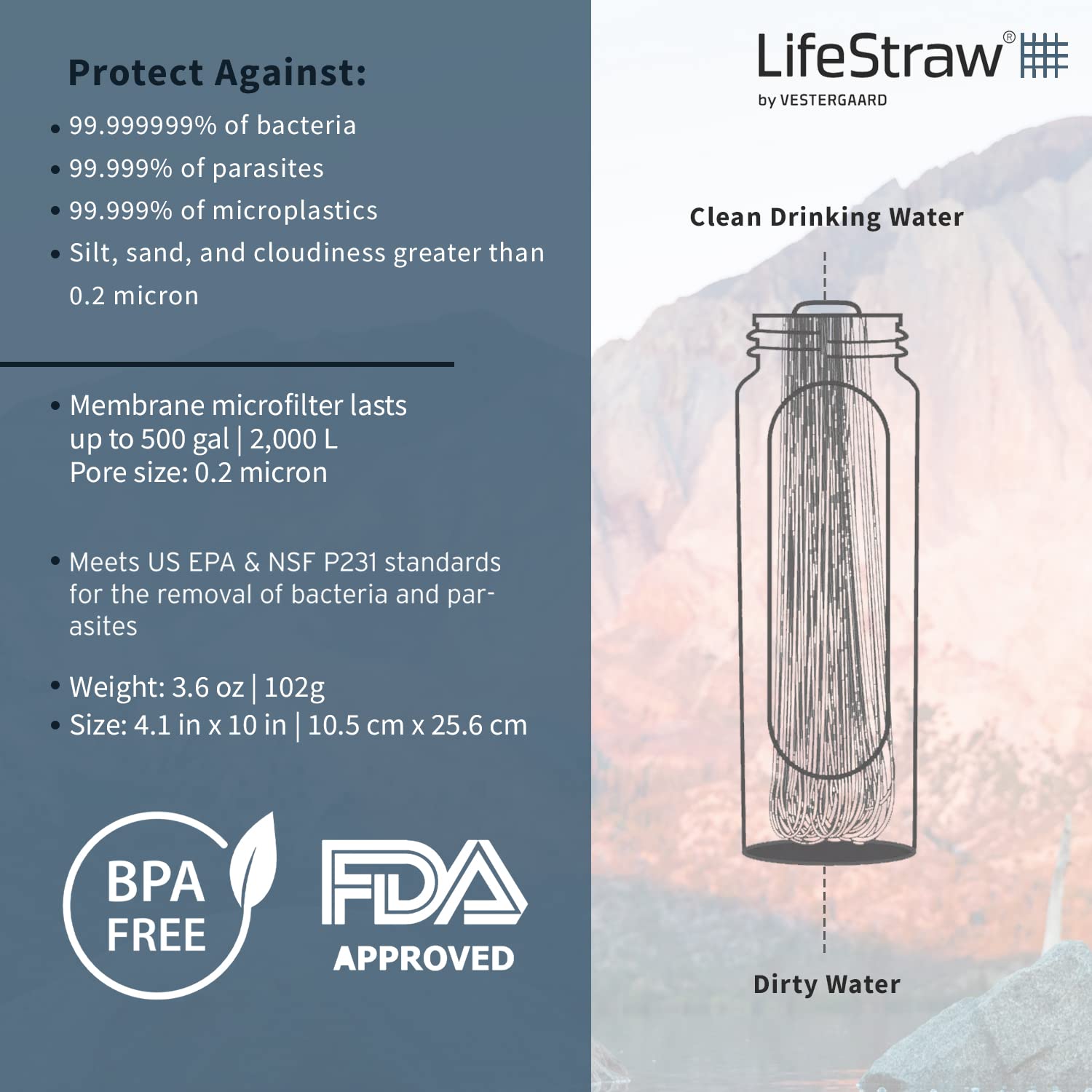 LifeStraw Peak Series - Borraccia pieghevole con sistema di filtraggio dell'acqua – 650ml per trail running, hiking, viaggi, ciclismo, e pesca. Senza BPA, Mountain Blue (blu)