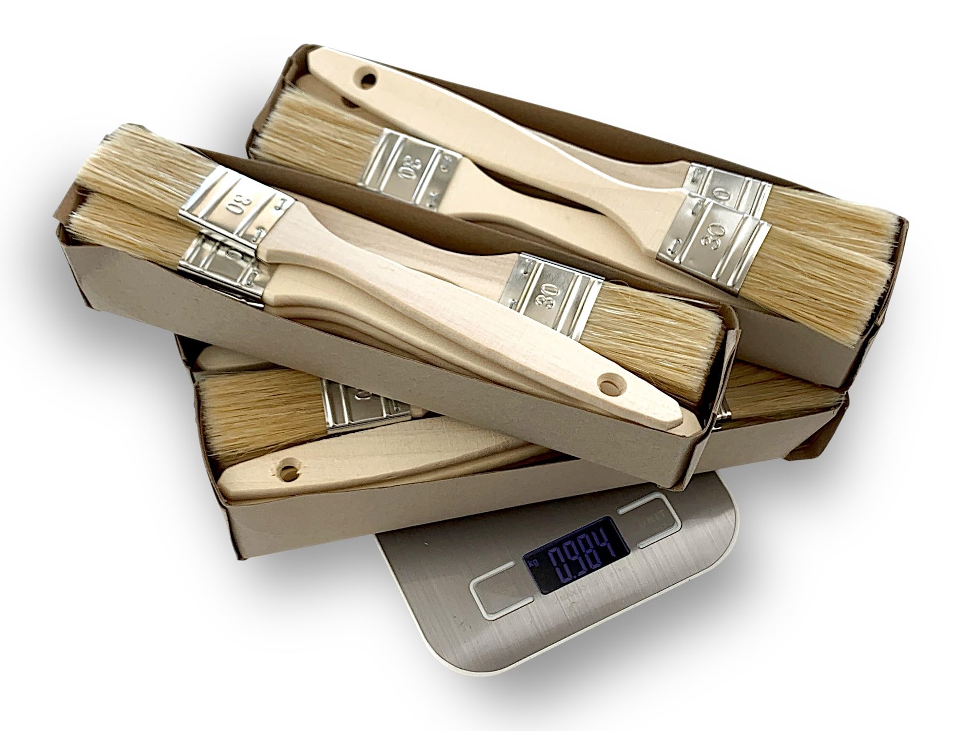 Lot de 50 pinceaux Queue de morue 30 mm | Soie Blanche Naturelle | Manche Bois Brut | Pinceaux Plats Multi-Supports | Peinture Huile, Acrylique, Vernis, lasure, Colle | Kibros 320_30x50