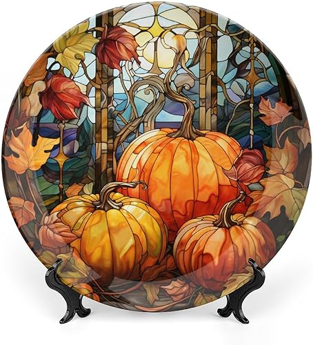 Plato decorativo de calabaza de acuarela de otoño para pared, plato tambaleante de cerámica con soporte de exhibición, decoración de mesa, adorno de