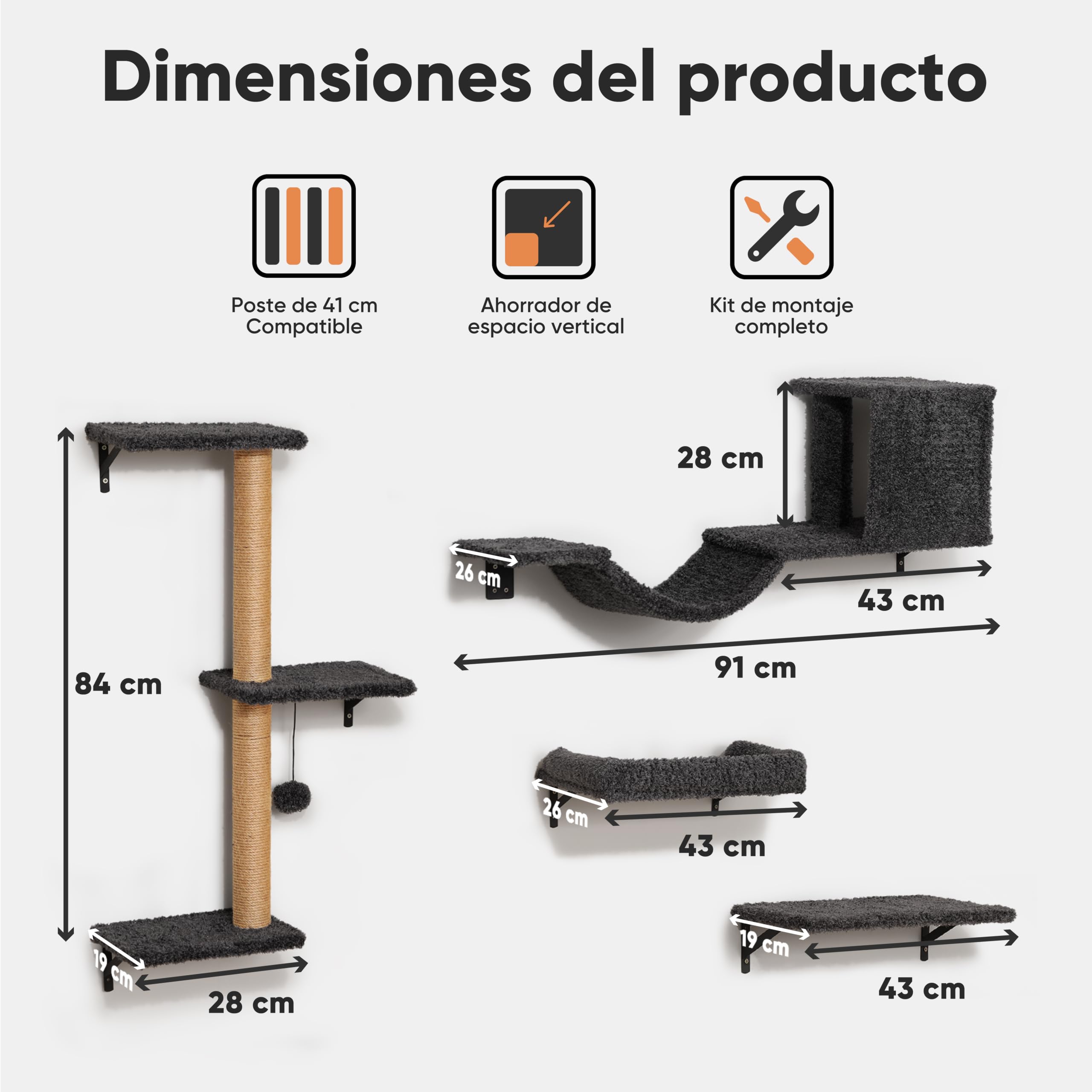 FUKUMARU Set de Pared de Escalada para Gatos, 4 Piezas - Estanterías de Pared, Hechas de Placas Multicapa Fuertes, Puente para Gatos, Árbol para Gatos, Escaleras para Gatos hasta 18 kg, Gris