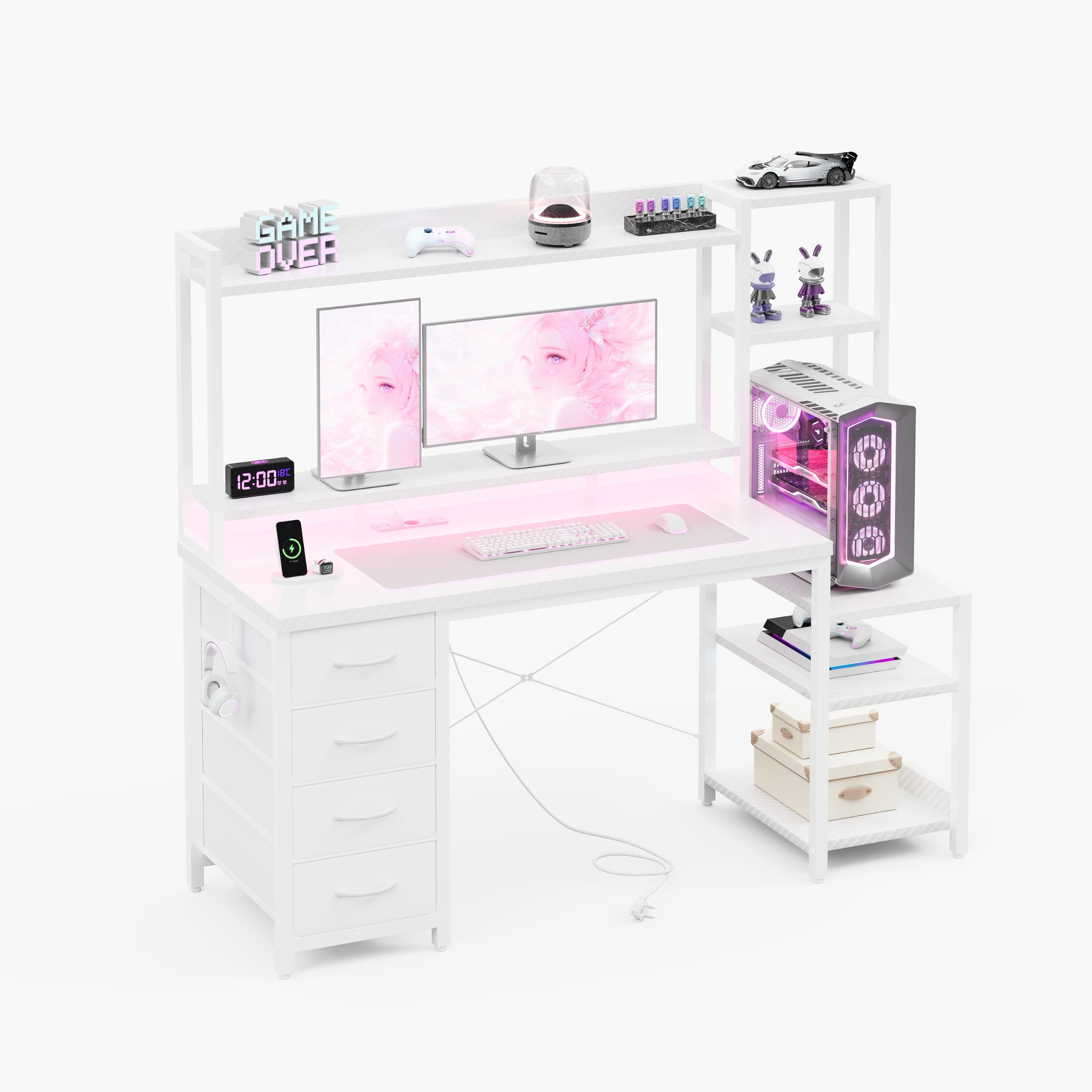 YOUDENOVA Biurko gamingowe z szufladami i regałem, 130 x 48 cm, stół gamingowy z diodami LED, gniazdkiem elektrycznym i USB, biurko komputerowe ze stojakiem na monitor, półką i uchwytem na słuchawki