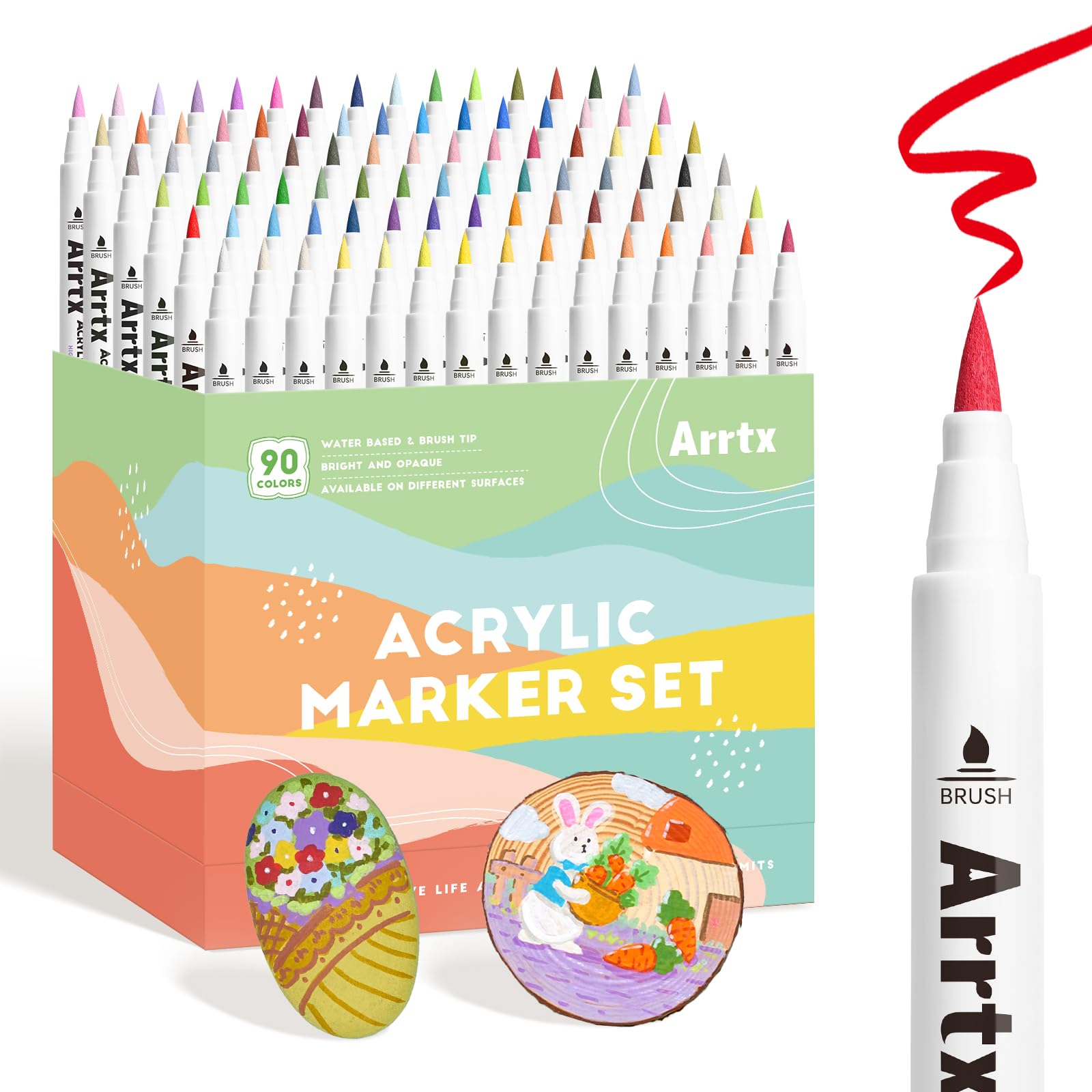 Arrtx 90 Colors Paint Markers Pens, Acrylic Paint Pens for Artists Adults Coloring Drawing Landscape Scenery Natural- Brush Tip for Rock Painting, Wood, Canvas, DIY Crafts Making Art Supplies-90B