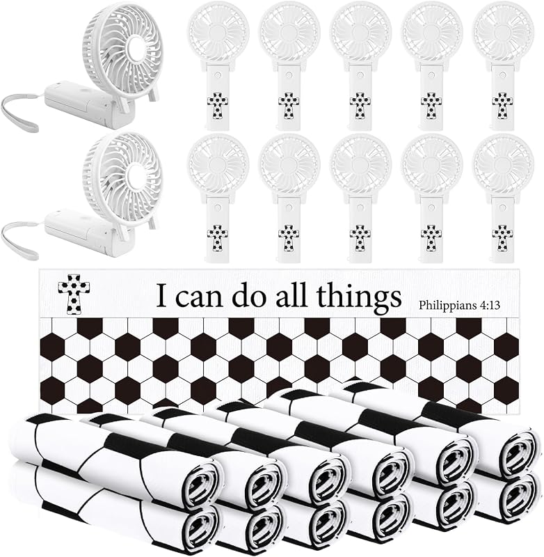 24 Pcs Soccer Team Gifts, Include 12 Cooling Towels 40'' x 12'' Workout Towels 12 Portable Fan Handheld Fan for Souvenir Rewards Soccer Christian Motivation Gift Filler Sport Party Favors
