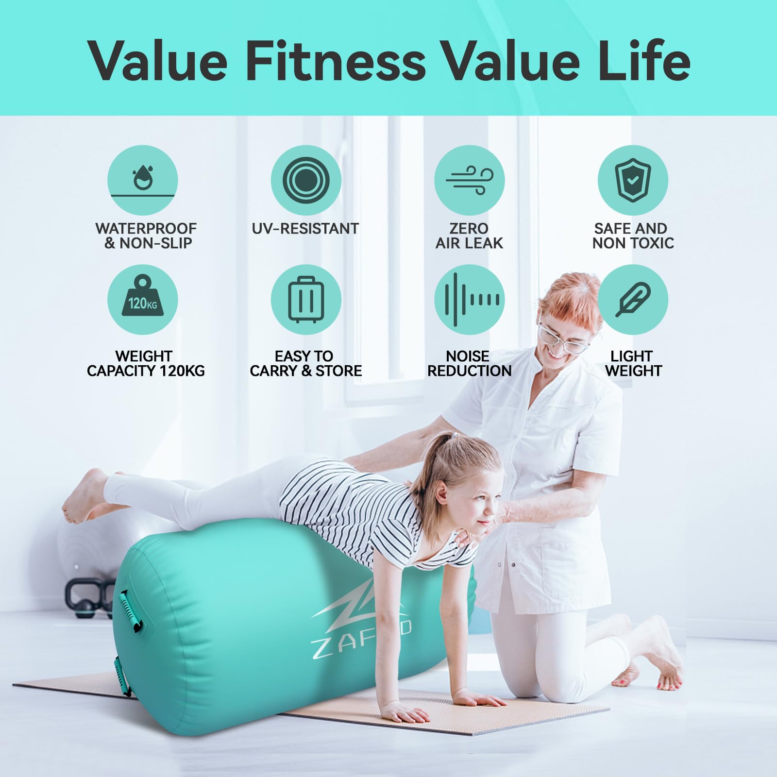 Air Rolle Turnen, Air Roll Aufblasbare Air Barrel Gymnastik Yoga Rolle mit Luftpumpe Tumbling Matten Trainingsmatte Gymnastikmatte Fitnessrolle