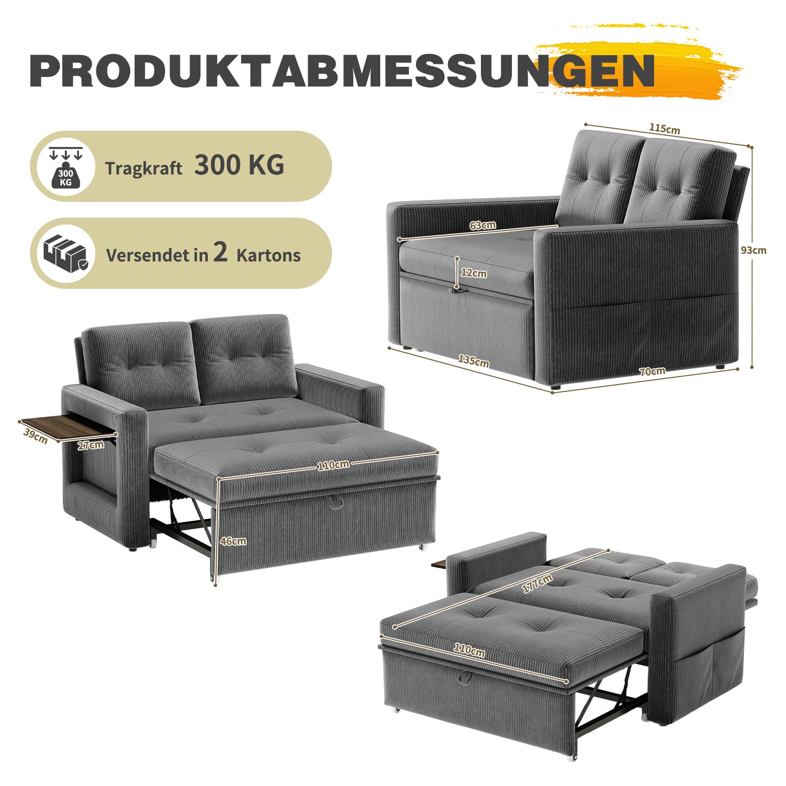 YOUDENOVA Schlafsofa mit 5-stufig Verstellbarer Rückenlehne, 2 Sitzer Sofa mit Schlaffunktion, Sofa Bed mit Tisch, Schlafcouch mit Bettfunktion, Couch Ausziehbar, 177x135 cm, Cord Grau