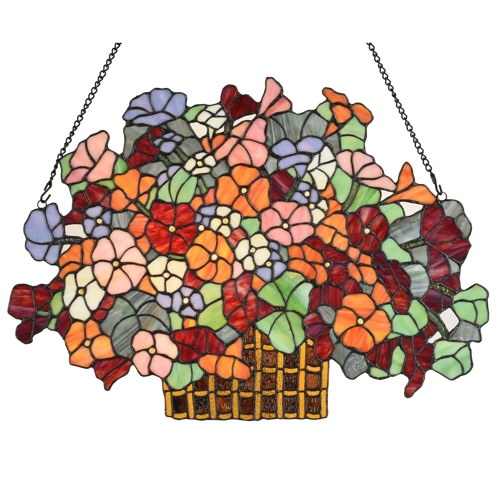 Bieye W10036 Forget-me-nots Flower Myosotis Decorated Basket Tiffany Style Stained Glass Window Panel with Chain, 24" W x 17" H