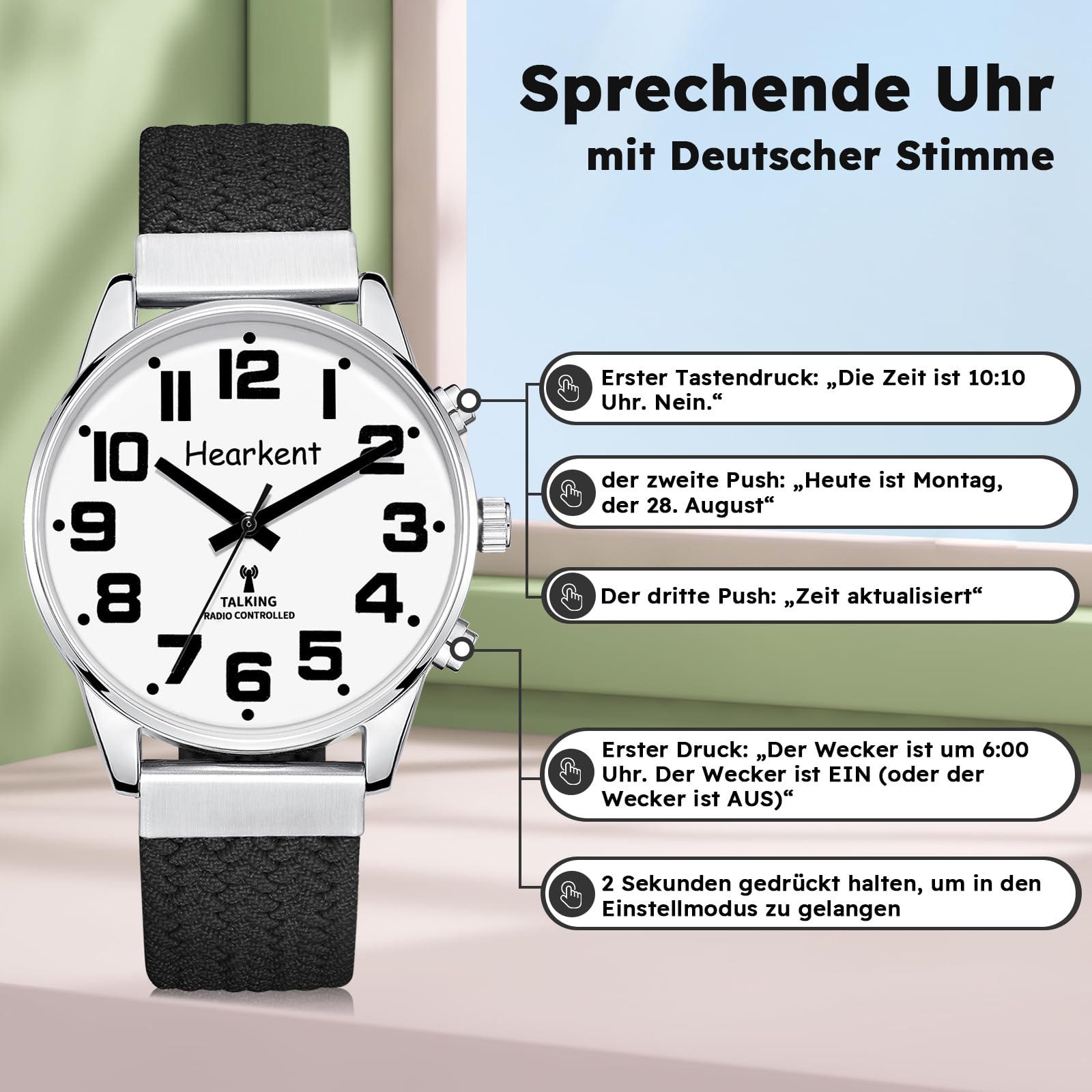 Hearkent Sprechende Uhr,Deutscher Stimme,Funkuhr Armbanduhr.Großen Zahlen | Selbsteinstellend für Sehbehinderte,Blinde oder Senioren Armbanduhr, Herrengröße-2309M