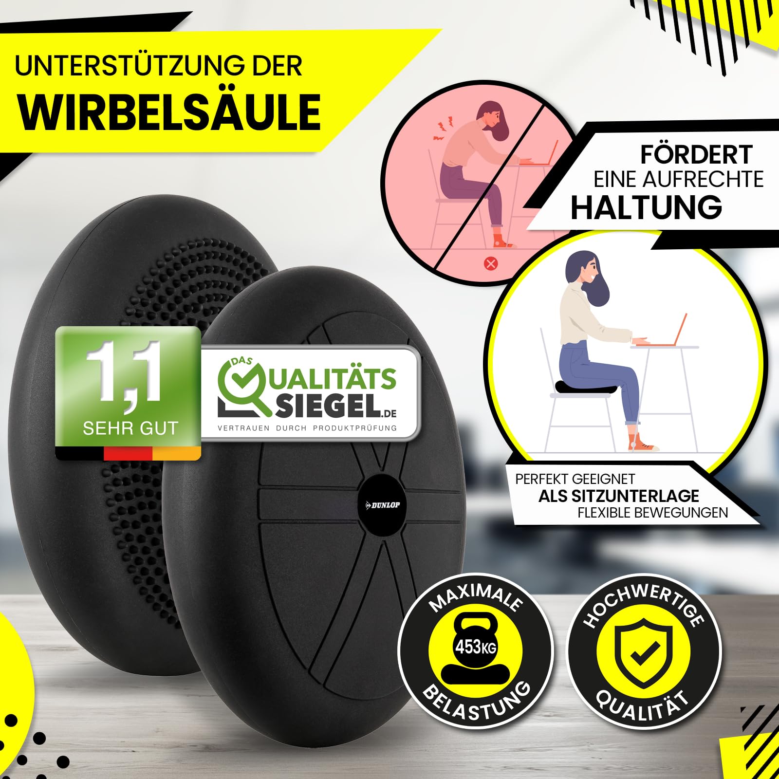 Dunlop Sports Balance Kissen Ball Sitzkissen - für einen stärkeren Rücken in Rekordzeit Premium Balancekissen mit Pumpe 35 x 7 cm orthopädisch über 450 kg belastbar Spezial Noppen, Schwarz