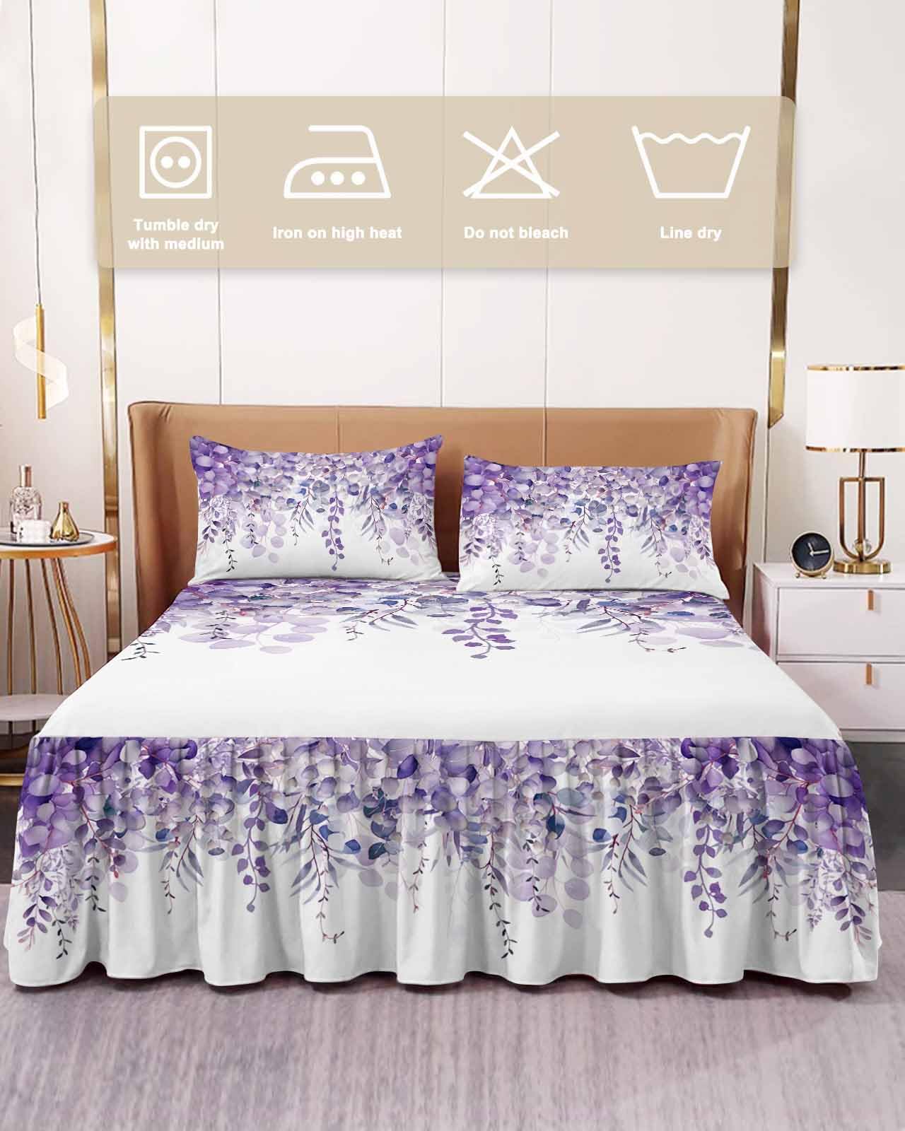 Purple Eucalyptus,Romantic Elegant Flower Leaves Herbs Bed Skirt for Queen Size Bed,Wrap Around Bedding Skirt Gathered Dust Ruffle Bedskirt Sets With 2 Packs Matching Pillow Covers 30