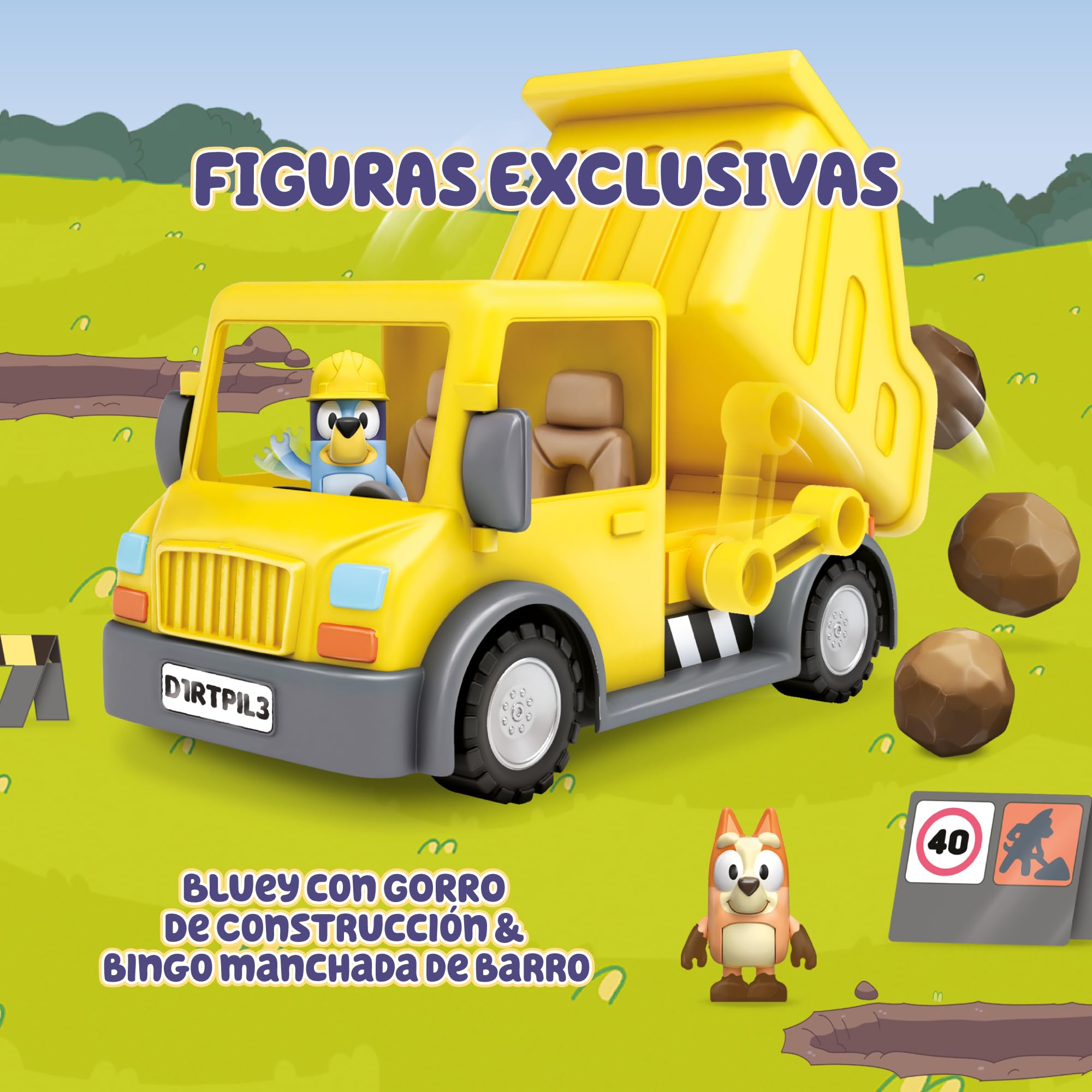 Bluey Dump Truck, śmieciarka, w zestawie figurka przyjaciela, w zestawie naklejki, 2 alerty i 3 plastikowe skały na przygodę, słynną przygodę (BLY96000)