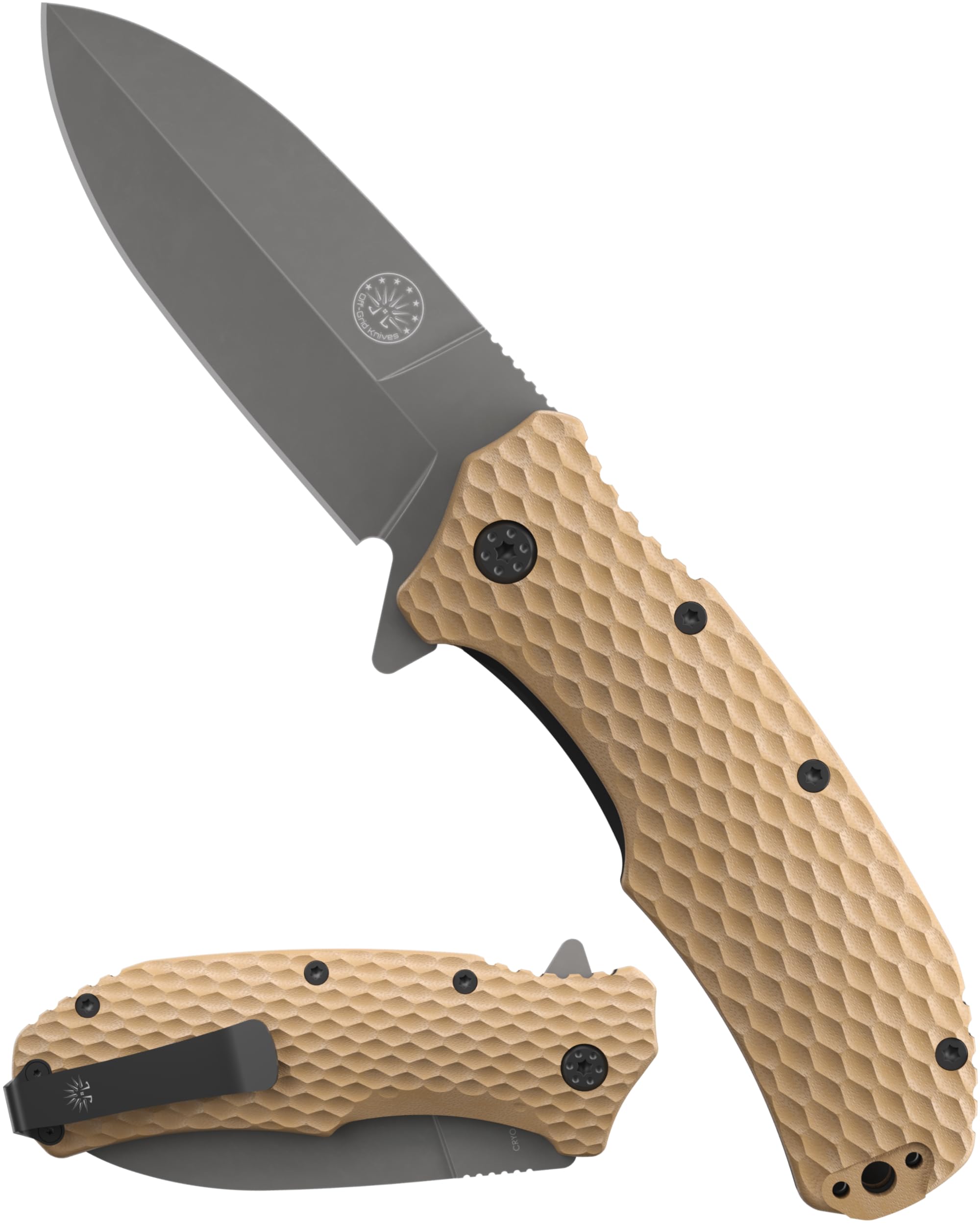 Off-Grid Knives - Rapid Fire Stinger, Assisted Spear Point Blade, Hard Use Build, Tactical, Camping & Survival EDC, Cryo D2 Steel, G10 Scales, Deep Pocket Carry (Coyote)
