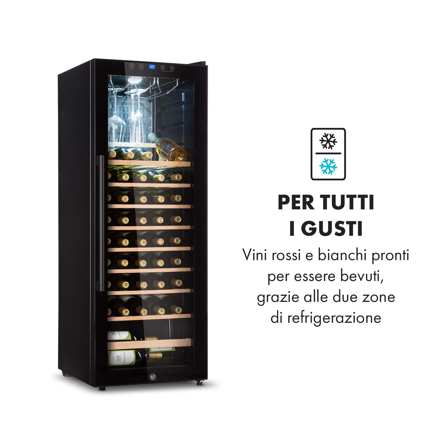 Klarstein Cantinetta Vino, Cantinetta Vino Refrigerata a Zona Singola per Interno/Esterni, Frigo Bar, Cantina Vino con Vetrina, Mini Bar con Protezione UV, Frigo Vino Touch, 4-18°C, 54 Bottiglie