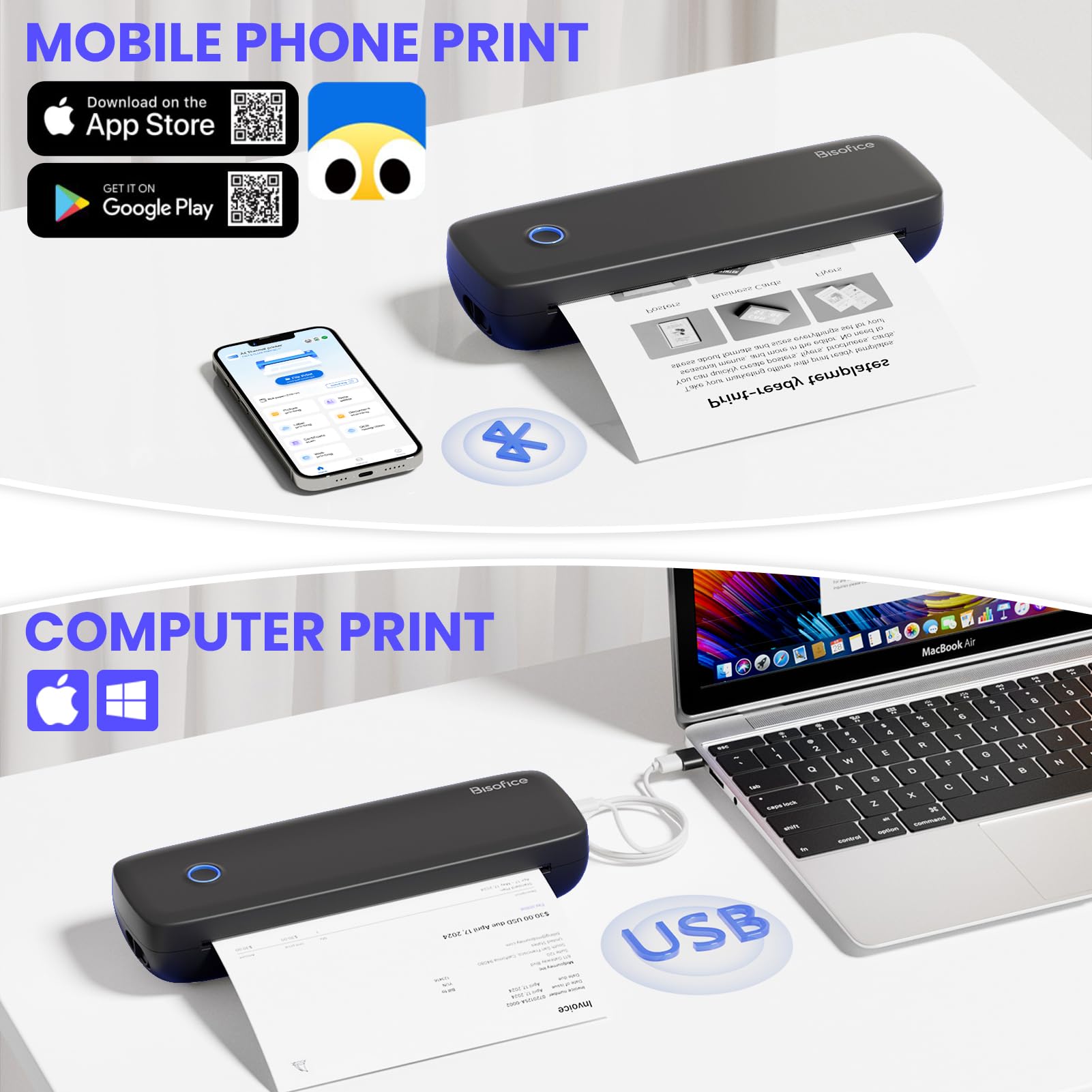 Bisofice Stampante Termica Portatile A4, 300DPI Stampante Bluetooth Senza inchiostro, Adatto per carta 2''/3''/4''/8'', Stampante Compatta per Ufficio, Viaggi, Studio, Casa, Nero