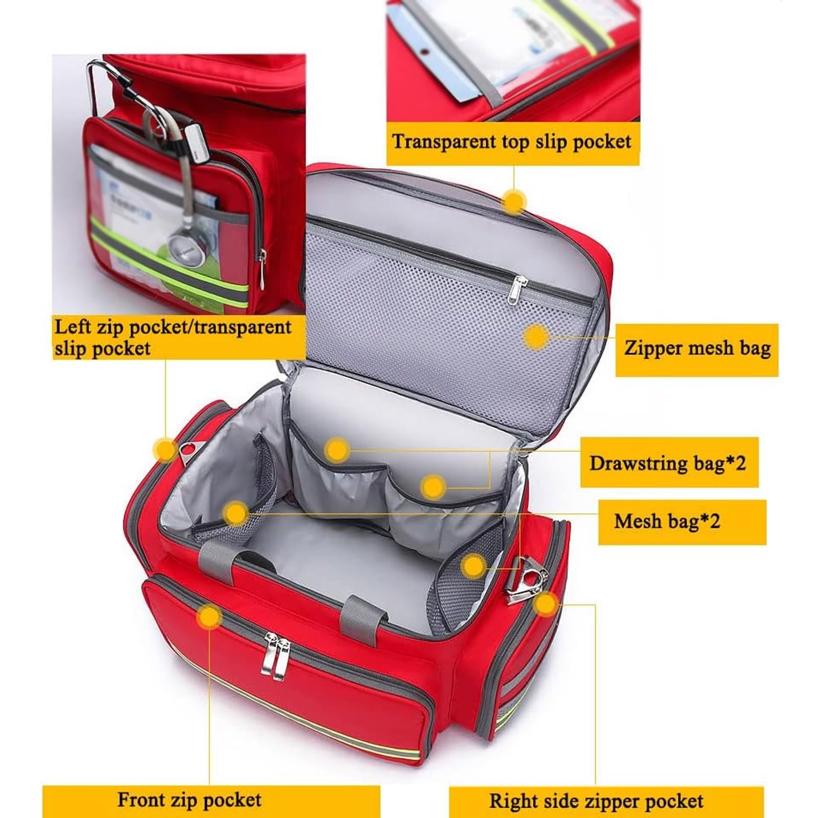Bolsa de emergencia con múltiples bolsillos, mochila portátil de primeros auxilios con asa y correa para el hombro, diseño de tira reflectante para cuidado de la salud, viajes y rescate al aire libre