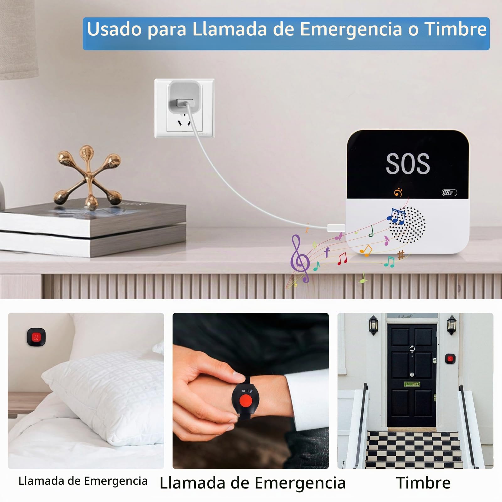 Boton Emergencia Ancianos, Avisador Personas Mayores, Botón Llamada Emergencia SOS + Pulsera + Receptor, Llamada de Emergencia Doméstica WiFi para Mayores, Discapacitados, Pacientes, Niños
