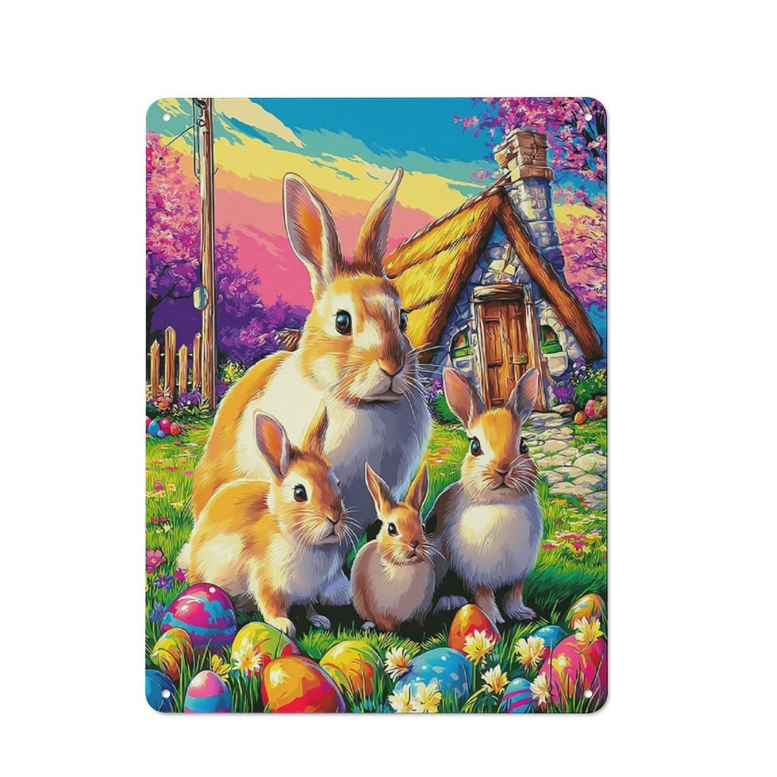 Junmoney Easter Bunny Family Scene Printed Metal Sign 40X30cm For Hobby Room Or Studio, Gift Idea At Christmas For Creative Interior Collectors