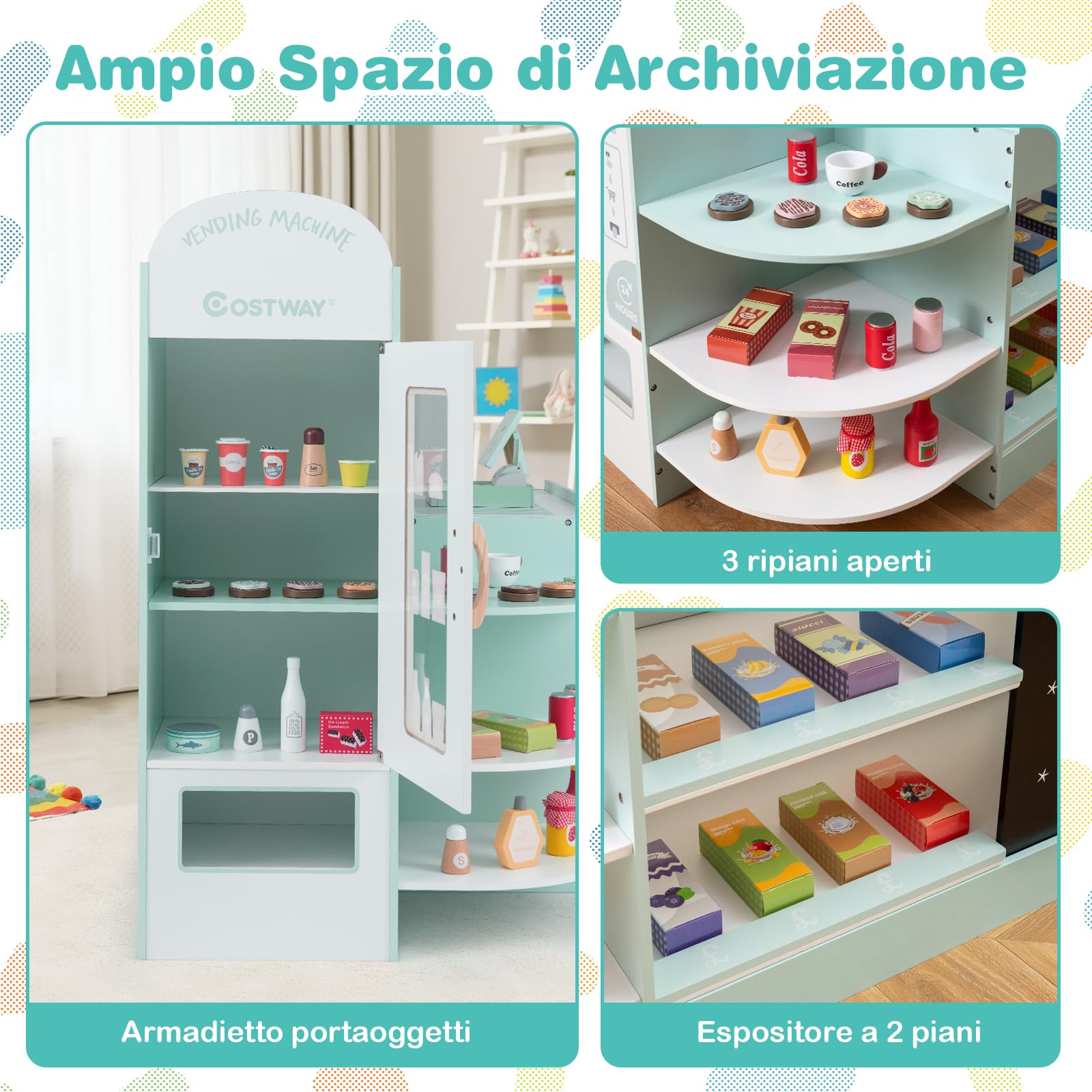 COSTWAY Negozio Alimentare per Bambini, Set di Giocattoli Supermercato in Legno con Cassa, Macchina POS, Distributore Automatico, Lavagna Scrivibile, per Bambini 3-8 Anni (Verde)