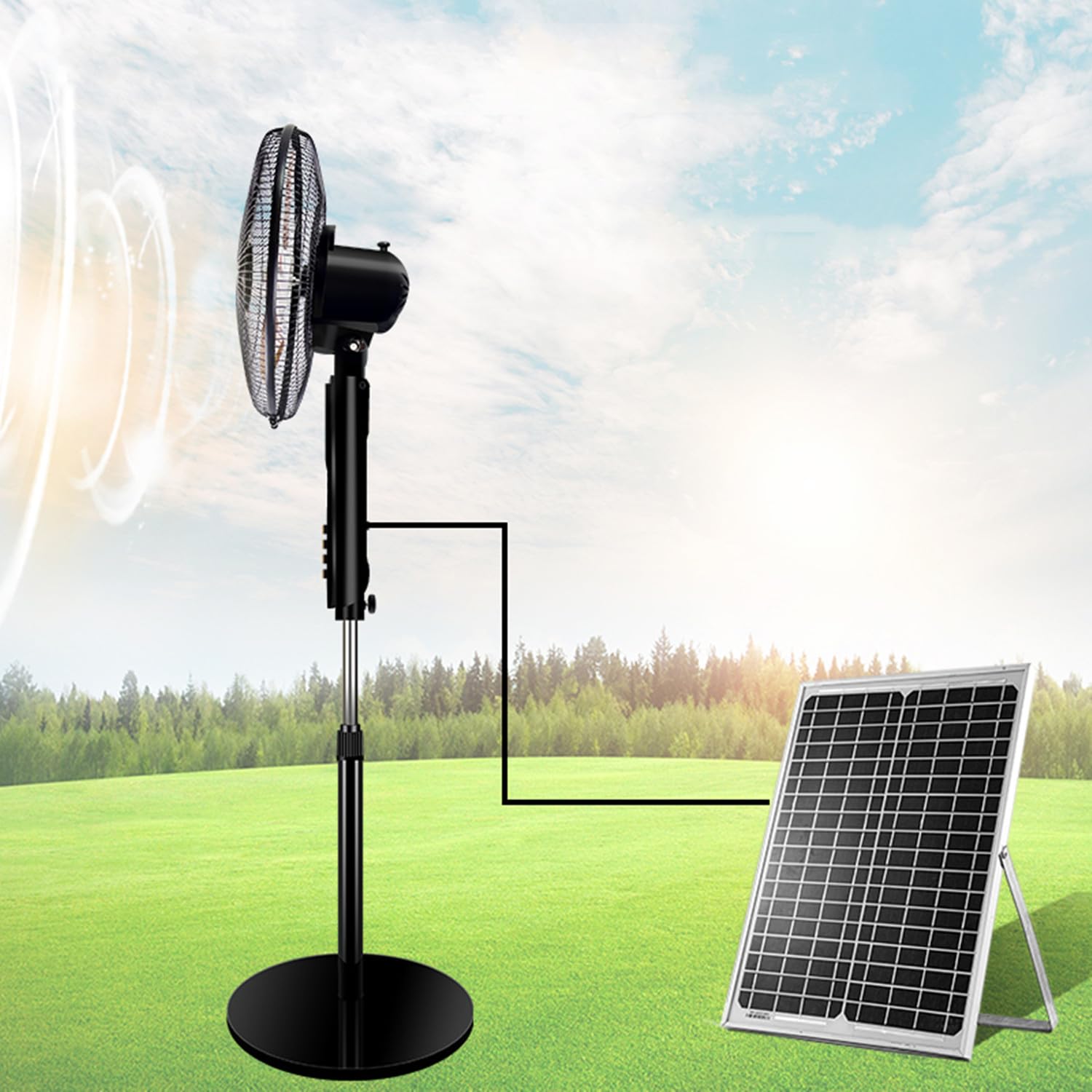 asdchZen Solar Powered Outdoor Standing Fan, Oscillating Pedestal Fan With Led Lights, 4-Speed Adjustable For Camping, Fishing, Picnic, Party