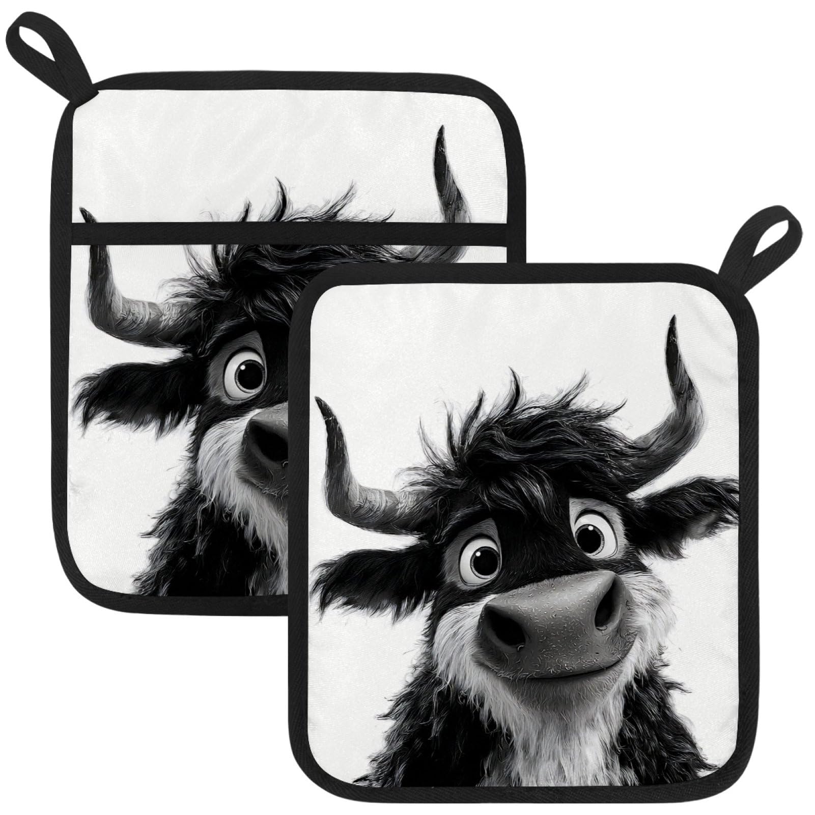 VAPOKF Cartoon Highland Cows Pot Holders with Pocket for Kitchen Heat Resistant Potholders Large Polyester-Cotton Square Oven Mitts Set