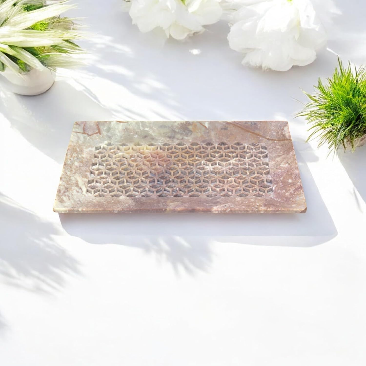 Soapstone Multipurpose Tray with Geometric Pattern, Natural Stone, 7.87 x 5.11 Inches (White)