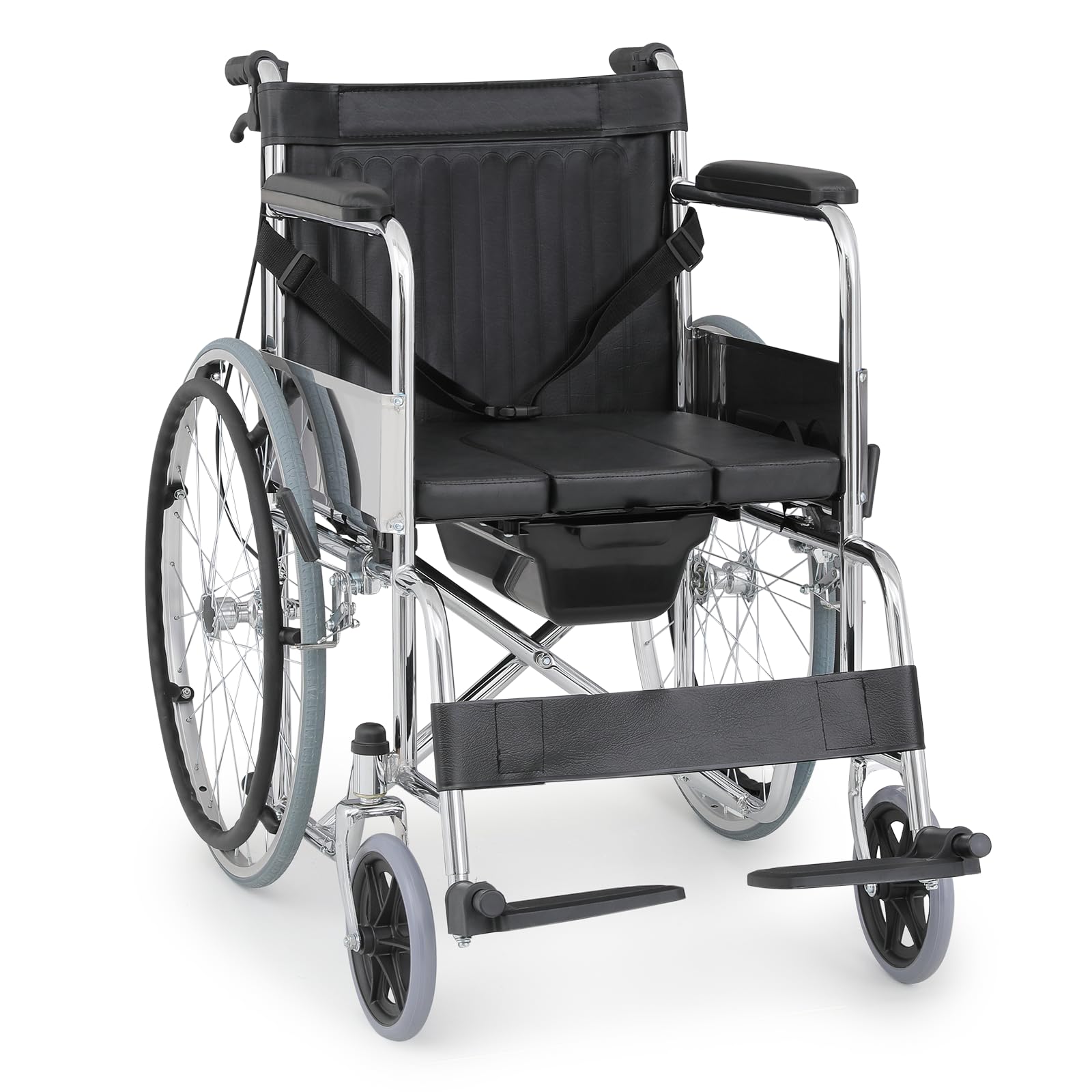 Foldable Compact Self-Propelled Wheelchair with Commode, Heavy-Duty Folding Transport Wheel Chair for Adults and Seniors with Seat Cushion and Handbrakes (220-Lbs Weight Capacity)