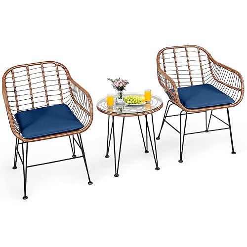 3 Pieces Patio Conversation Bistro Set, Outdoor Wicker Furniture w/Round