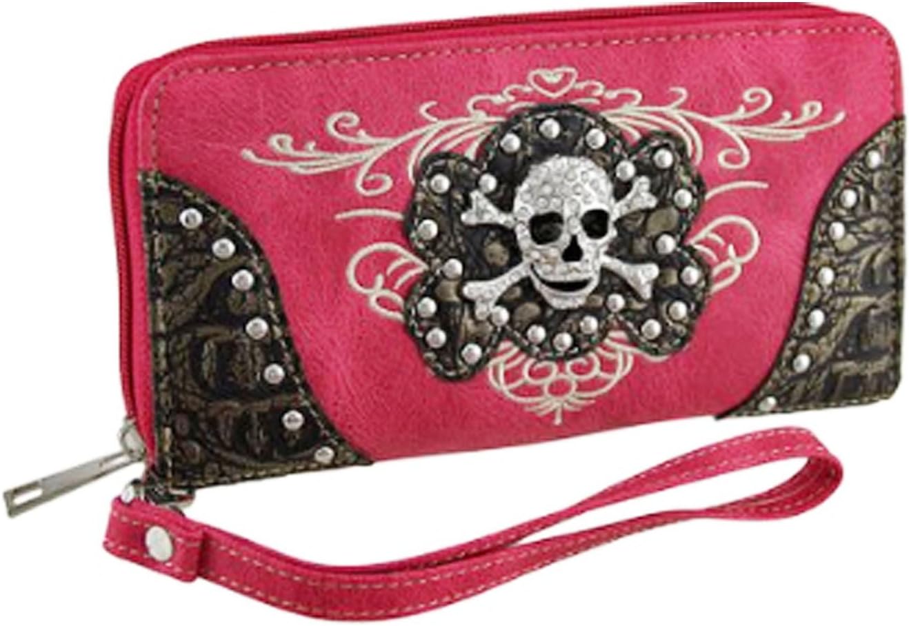 Embroidered Rhinestone Studded Skull Wallet Pink