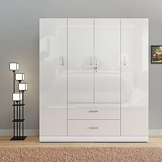 VIKI High Gloss Wardrobe | High Gloss Wooden Almirah for Clothes,Door for Bedroom, 4 Door Wardrobe with Drawer & Hanging Space (Frosty White - 40D x 160W x 180H) | 1 Year Warranty