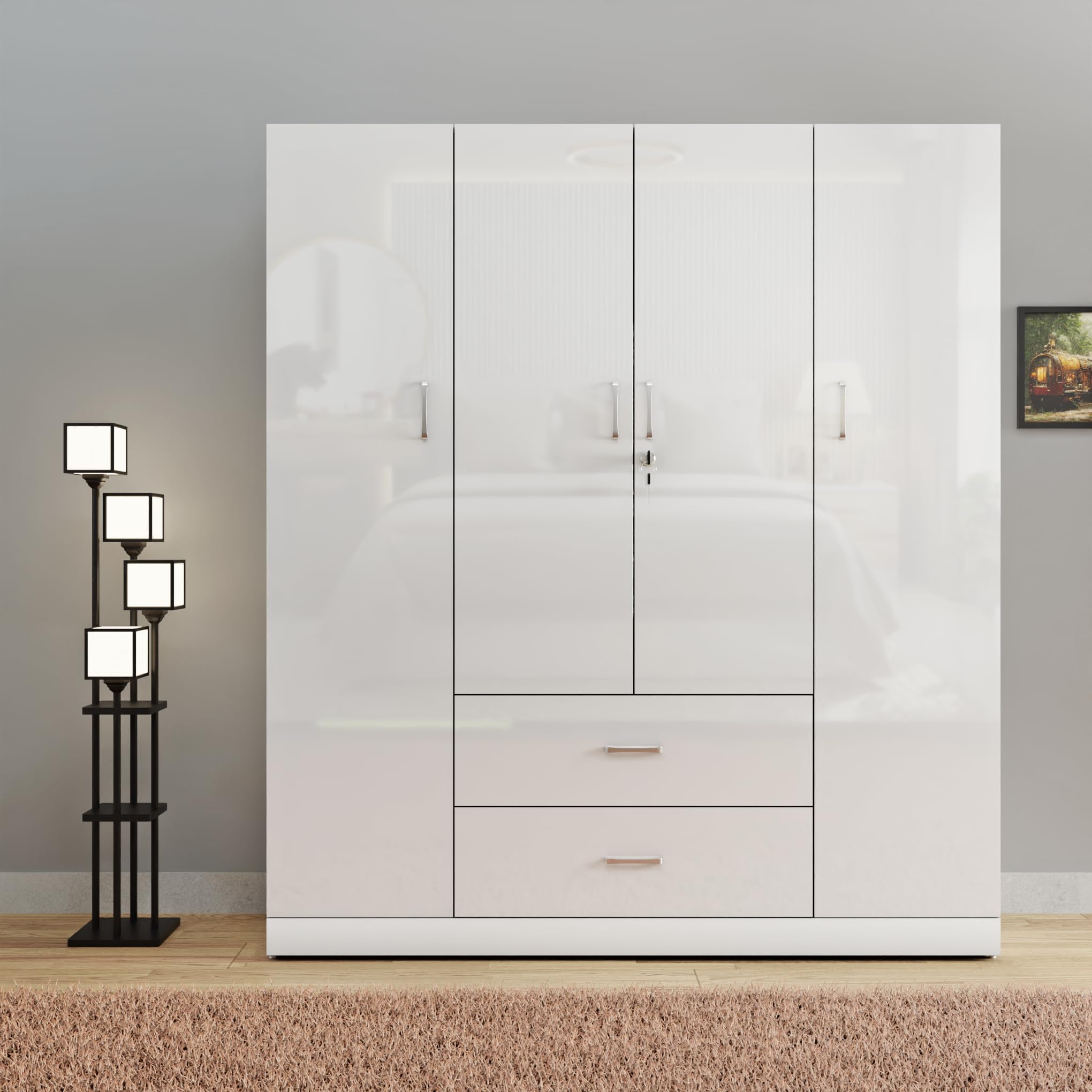VIKI High Gloss Wardrobe | High Gloss Wooden Almirah for Clothes,Door for Bedroom, 4 Door Wardrobe with Drawer & Hanging Space (Frosty White - 40D x 160W x 180H) | 1 Year Warranty