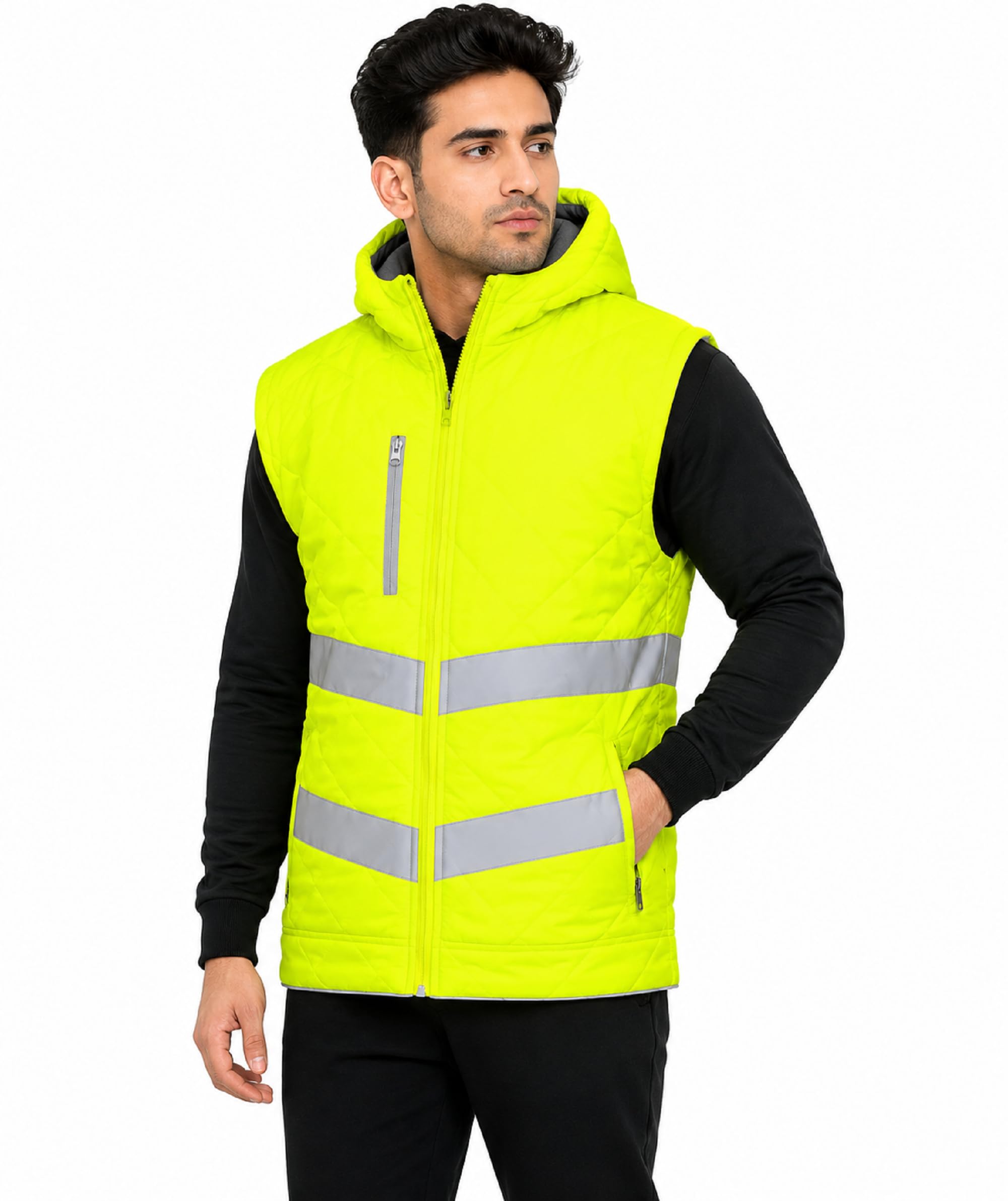 Hi-Vis Hooded Gilet Men Women – Kensington High Visibility Safety Bodywarmer Reflective Tape – Lightweight Water-Resistant Hi Viz Vest – PPE Workwear Construction Warehouse Gilet (Yellow, 2XL)