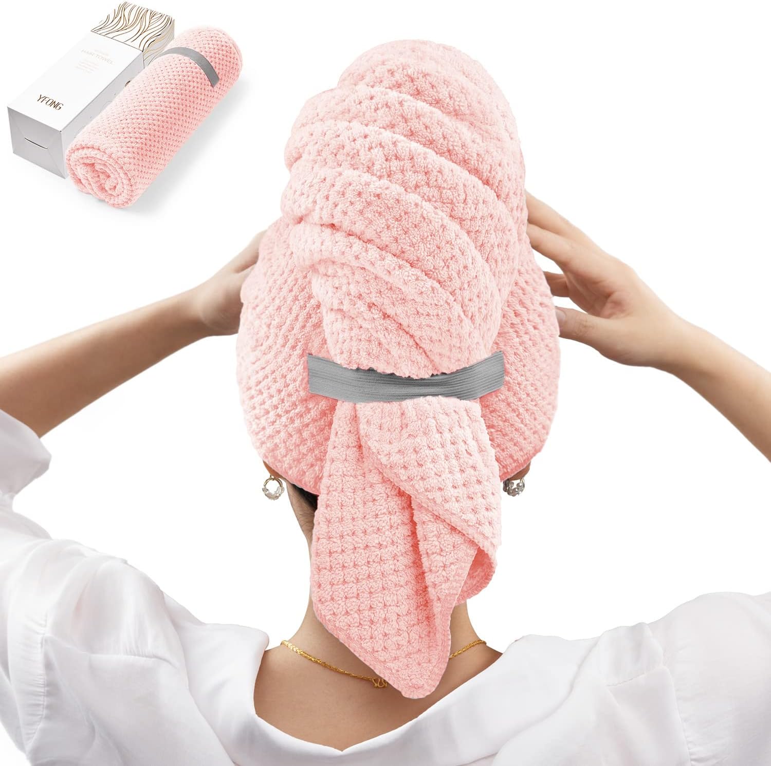YFONG Large Hair Towel Wrap for Women, Super Absorbent Microfiber Hair Towel for Curly Hair, Fast Drying Hair Turbans with Elastic,Hair Drying Towel Wrap for Hair Care 26.3" X 40" (Pink)