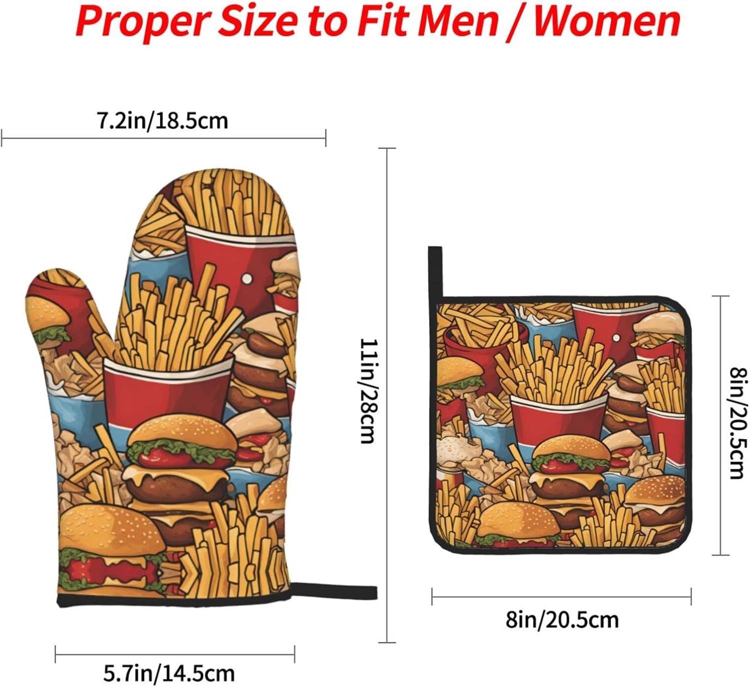 Lots of Cute Fries Printed Oven Mitts + Potholders 4-Piece Set - Great for BBQ Party Cooking