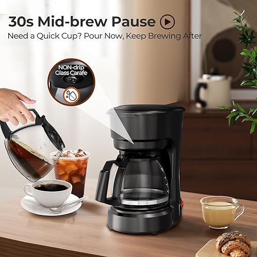 Miniatura 4 de Cafetera programable de 5 tazas, pequeña cafetera de goteo con jarra de vidrio de grado alimenticio, mantiene siempre caliente con interruptor,