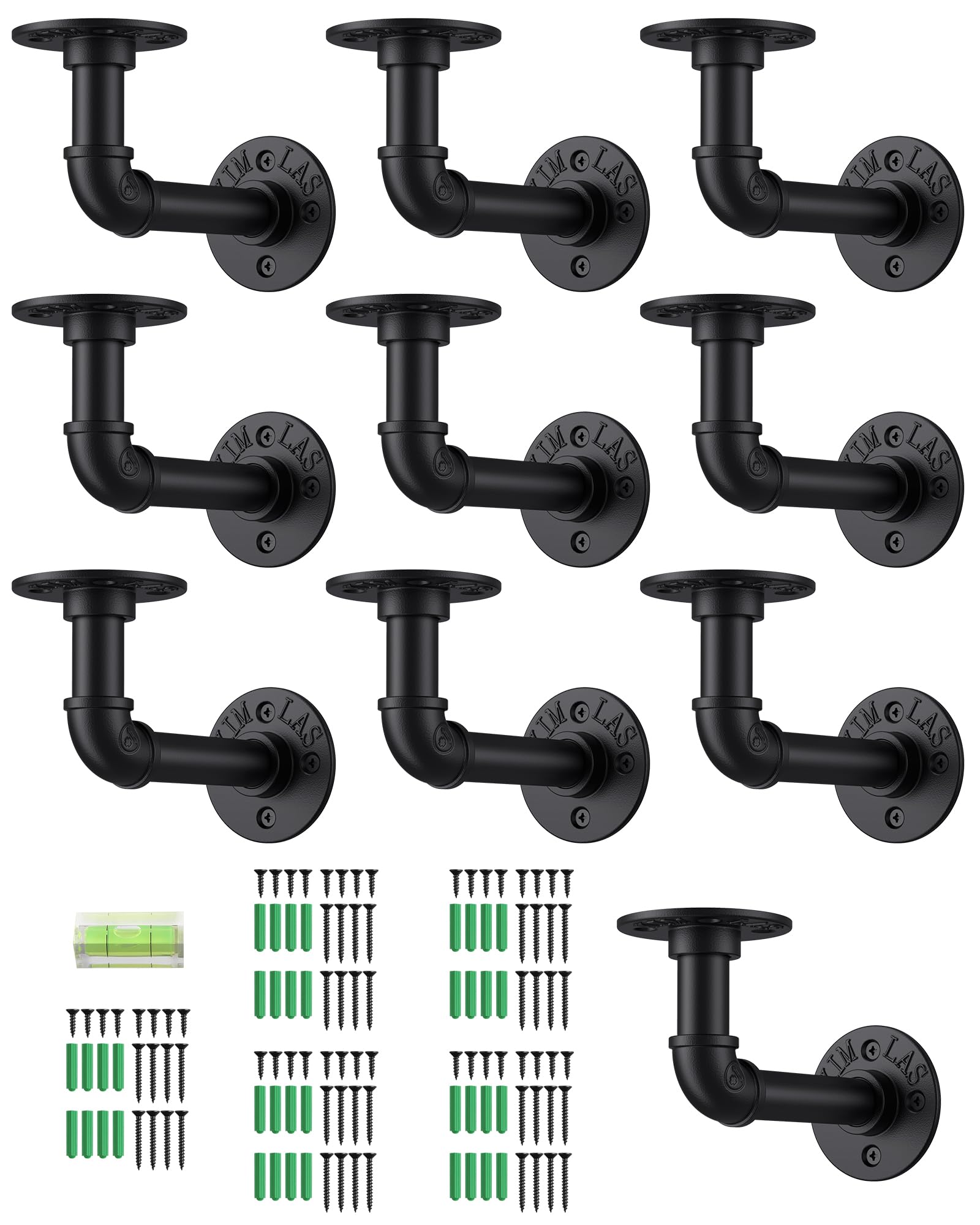 eSynic 10Pcs Industrial Pipe Shelf Brackets,Black Pipe Brackets for Shelves,1/2 inch Metal Floating Shelf Bracket for Scaffold Board (15*8cm) with a Spirit Level