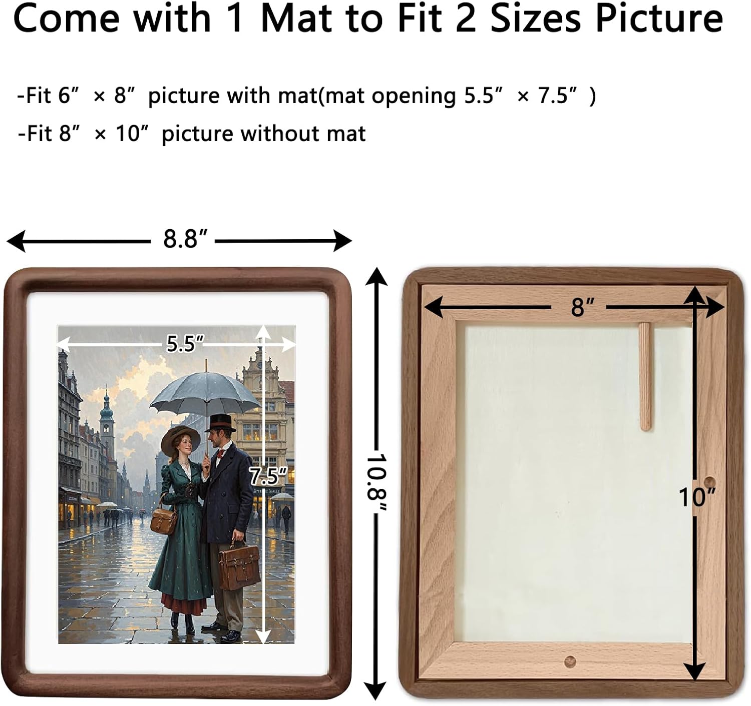 8x10 Natural Dark Walnut Solid Wood Picture Frames, Hand Make Crafted Original Wood Frame with Mat to 6x8,Rounded Edge Wooden Photo Frame, For TableTop and Wall Decoration
