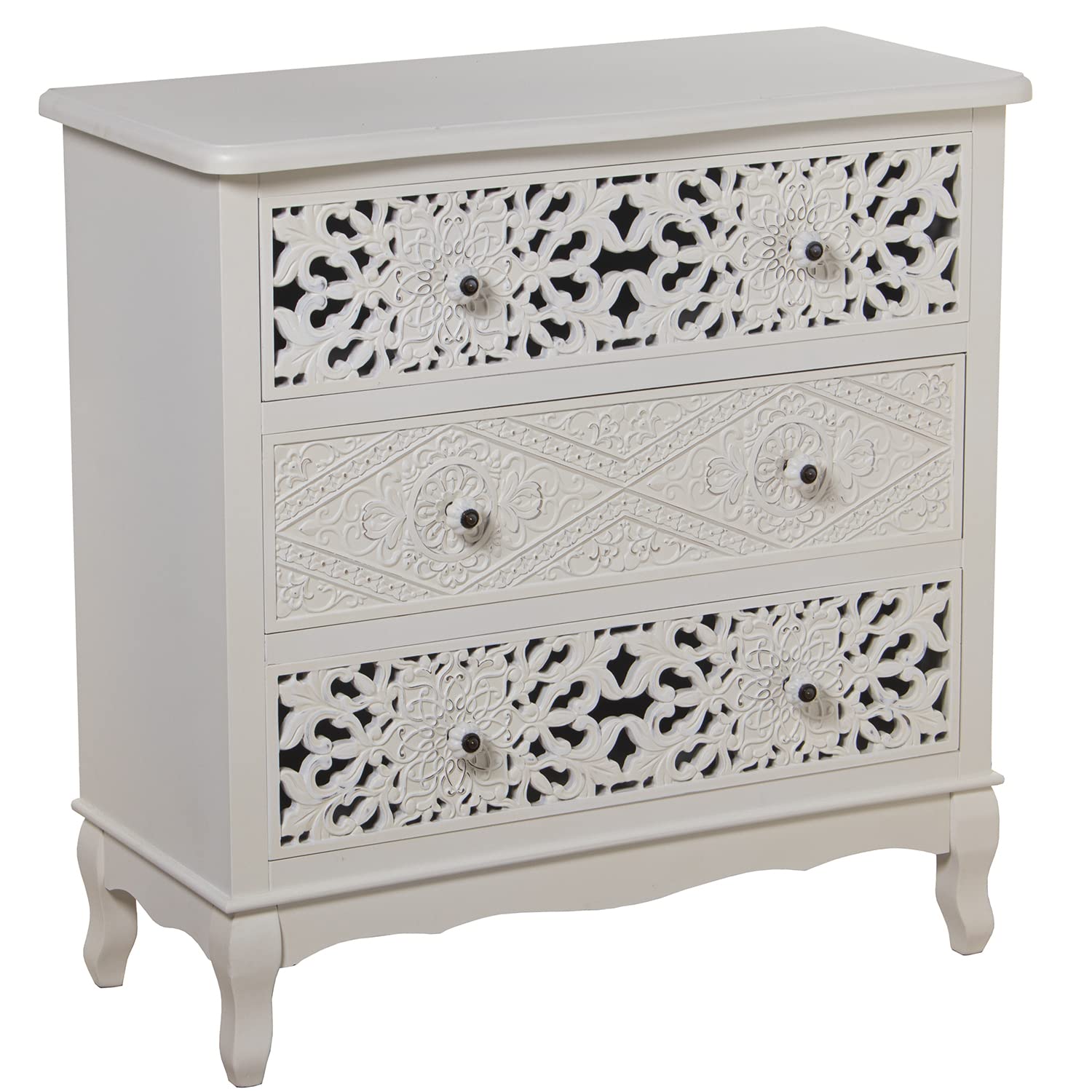 Commode en bois blanc sculpté 3 tiroirs 75x34x76cm en sapin et pin