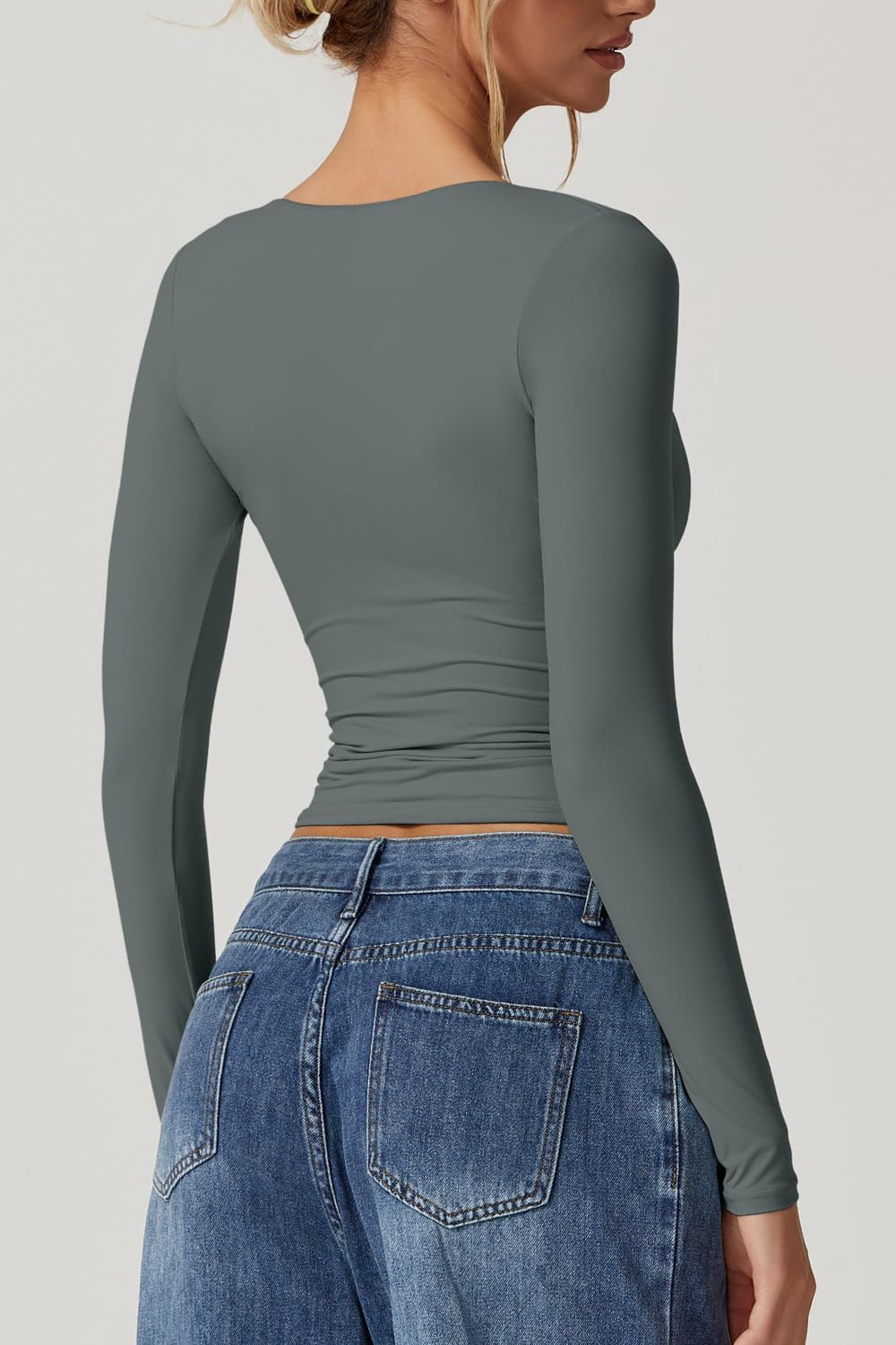 QINSEN Women's Long Sleeve V Neck T Shirts Double Lined Crop Top Seamed Cup Going Out Tops - Image 2