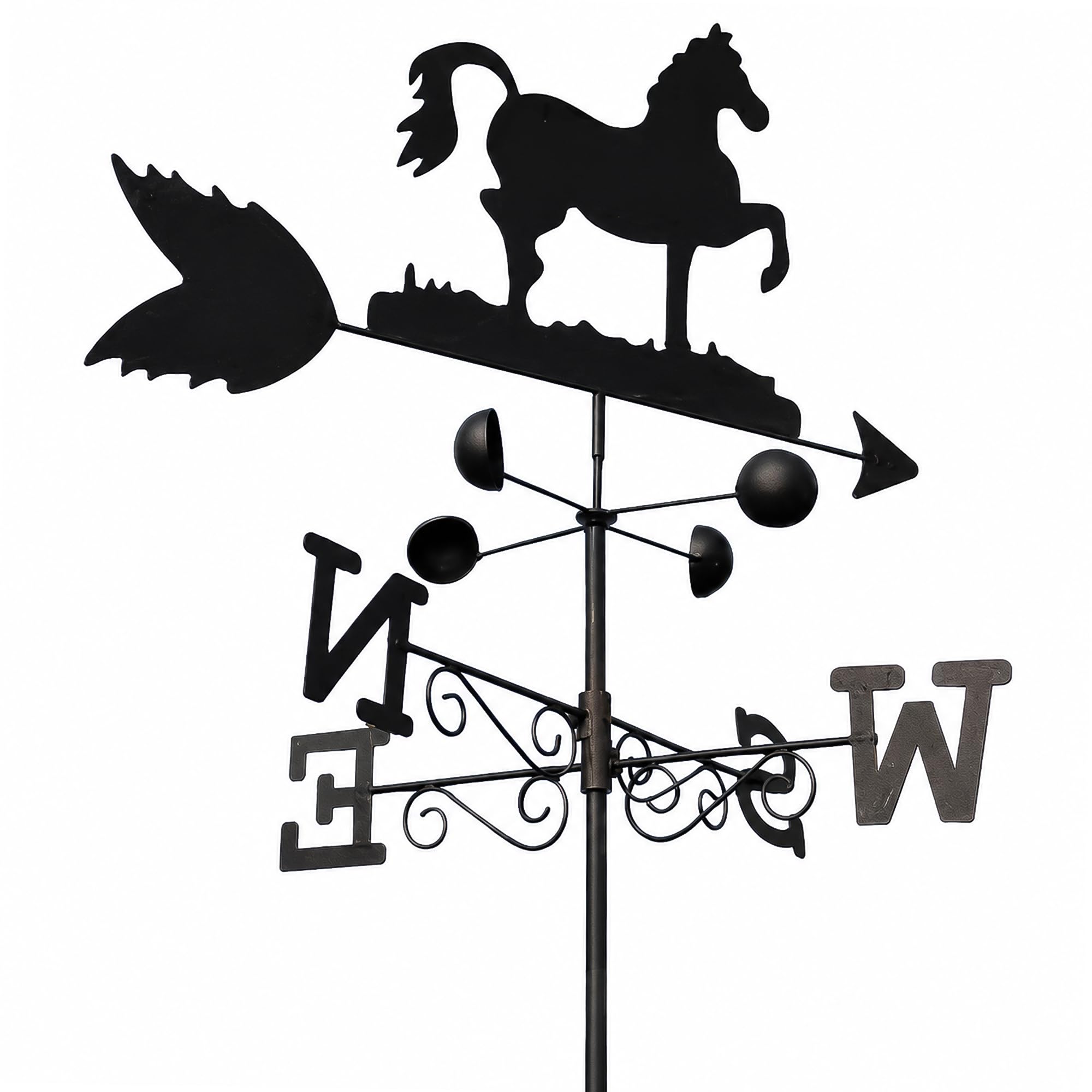 Garden Market Place Weathervane Horse, Weather Vane with Wind Speed Cups, All-Steel Wind Direction Indicator, Wall Fixings & Ground Spike Garden Feature, Black Finish 50cm Wide, 1.7m Tall