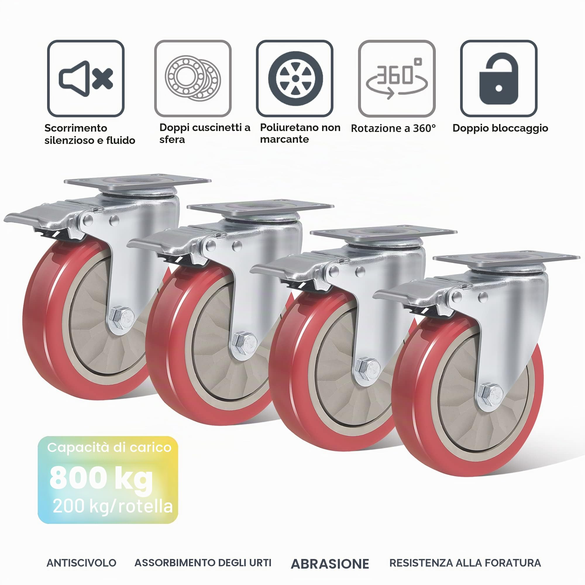 4 Ruote per Carrello con Freno, Ruote Girevoli da 125 mm Ruote per Mobili carico di 800 kg, Rosso Ruota Girevole con Vite per Pallet, Ruota Girevole 360° Ruote Gomma Antigraffio