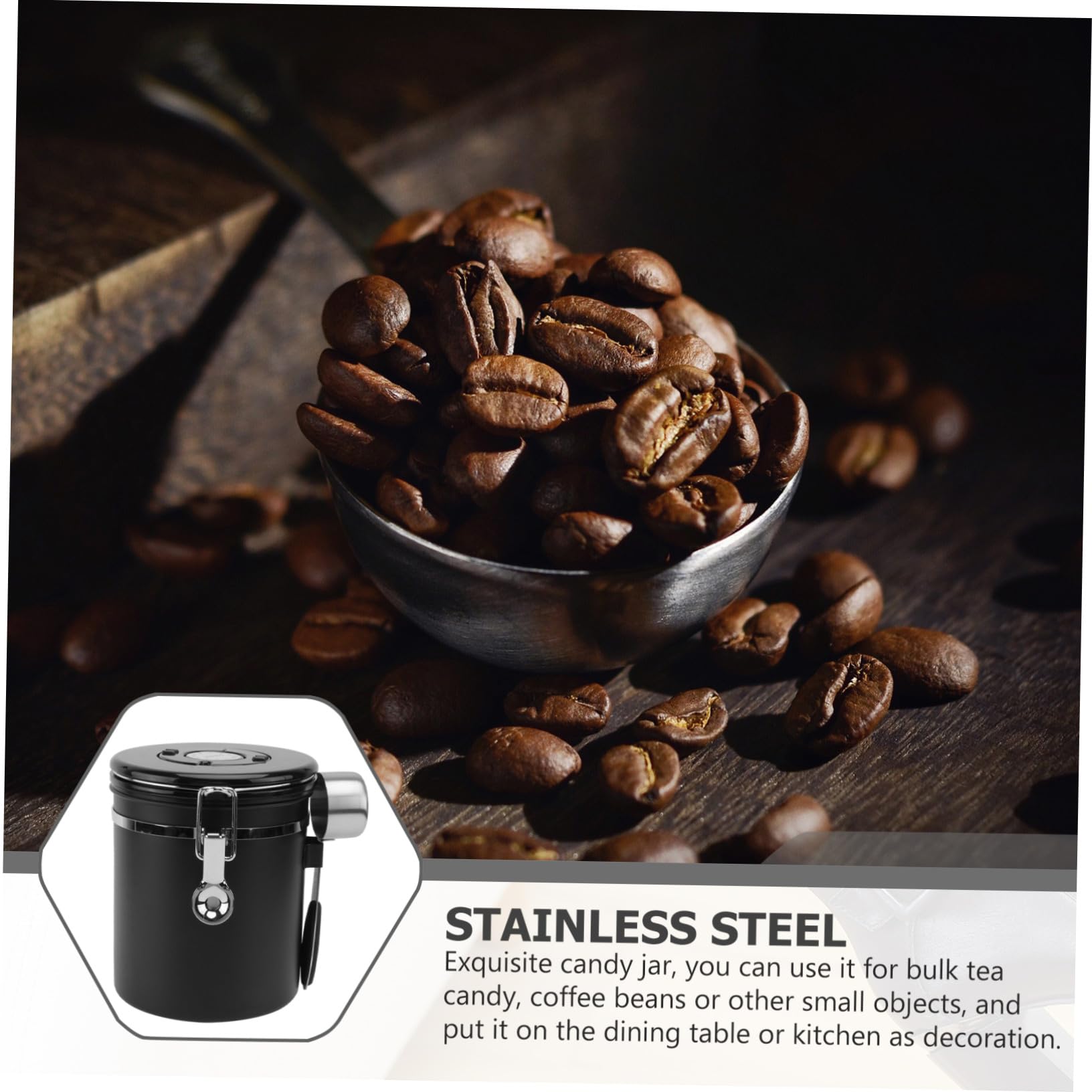 Kaffeebohnen Vorratsbehälter Edelstahl mit Luftdichtem Ventil und Löffel Schwarze Versiegelte Aufbewahrungsdose für Trockene Lebensmittel Kaffee Tee und Gewürze Kompakt und