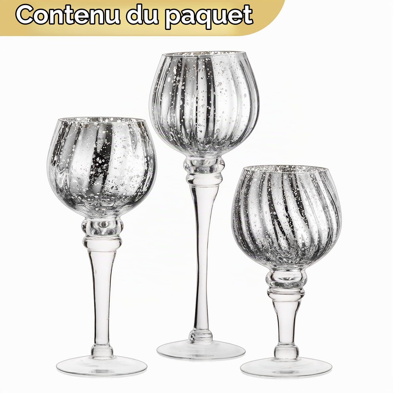 Nuptio Porte-Bougies Chauffe-Plat Verre 3 Pièces Haut Porte Bougies au Mercure Grand Bougeoir Argent Verre Longue Tige Pilier Centre de Table pour Fête Mariage Manteau Noël Cheminée Décoration